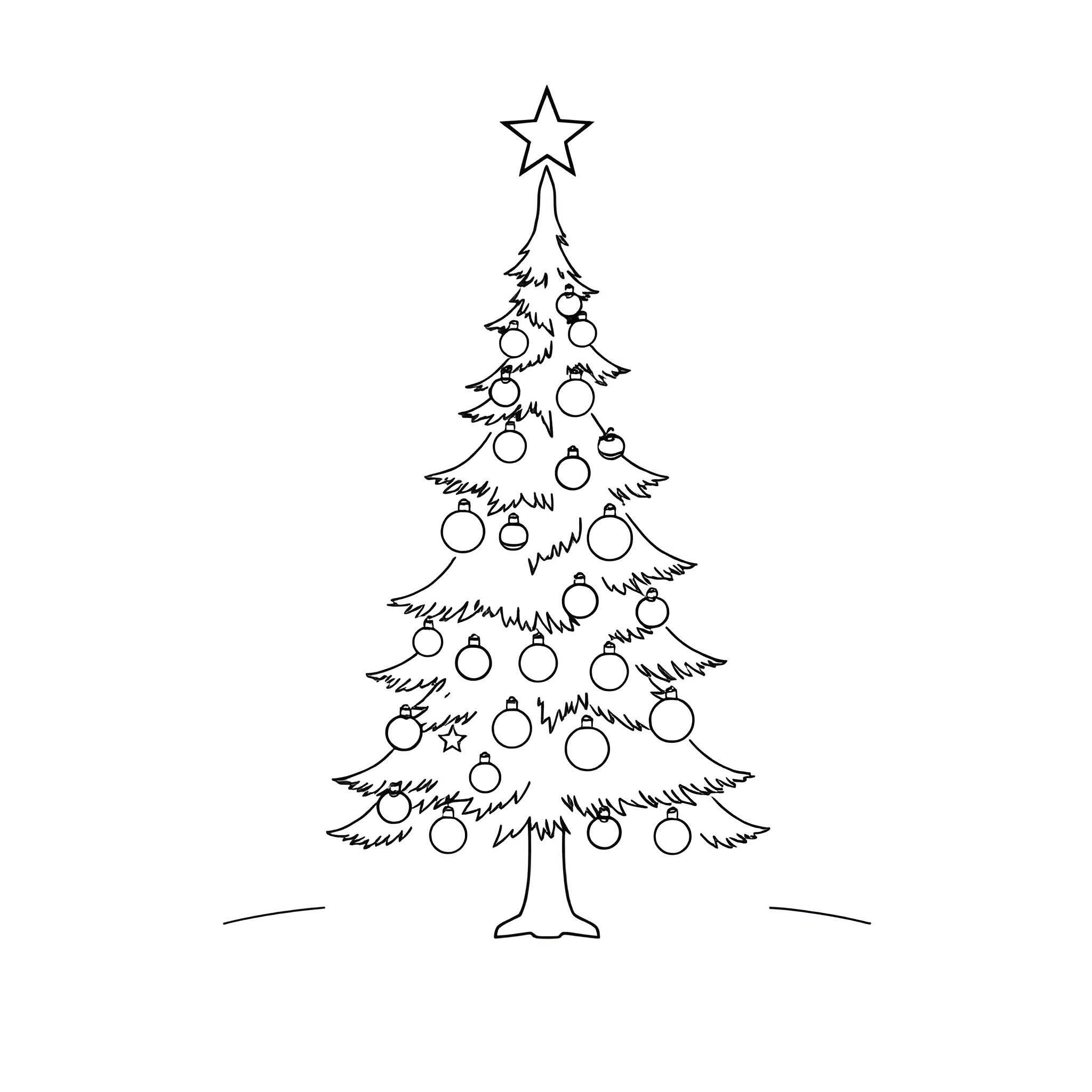 Christmas Tree with Ornaments and Star Coloring Page (free black-and-white line drawing printable PDF for all, from beginners to advanced learners, including children, teens, adults, and seniors)