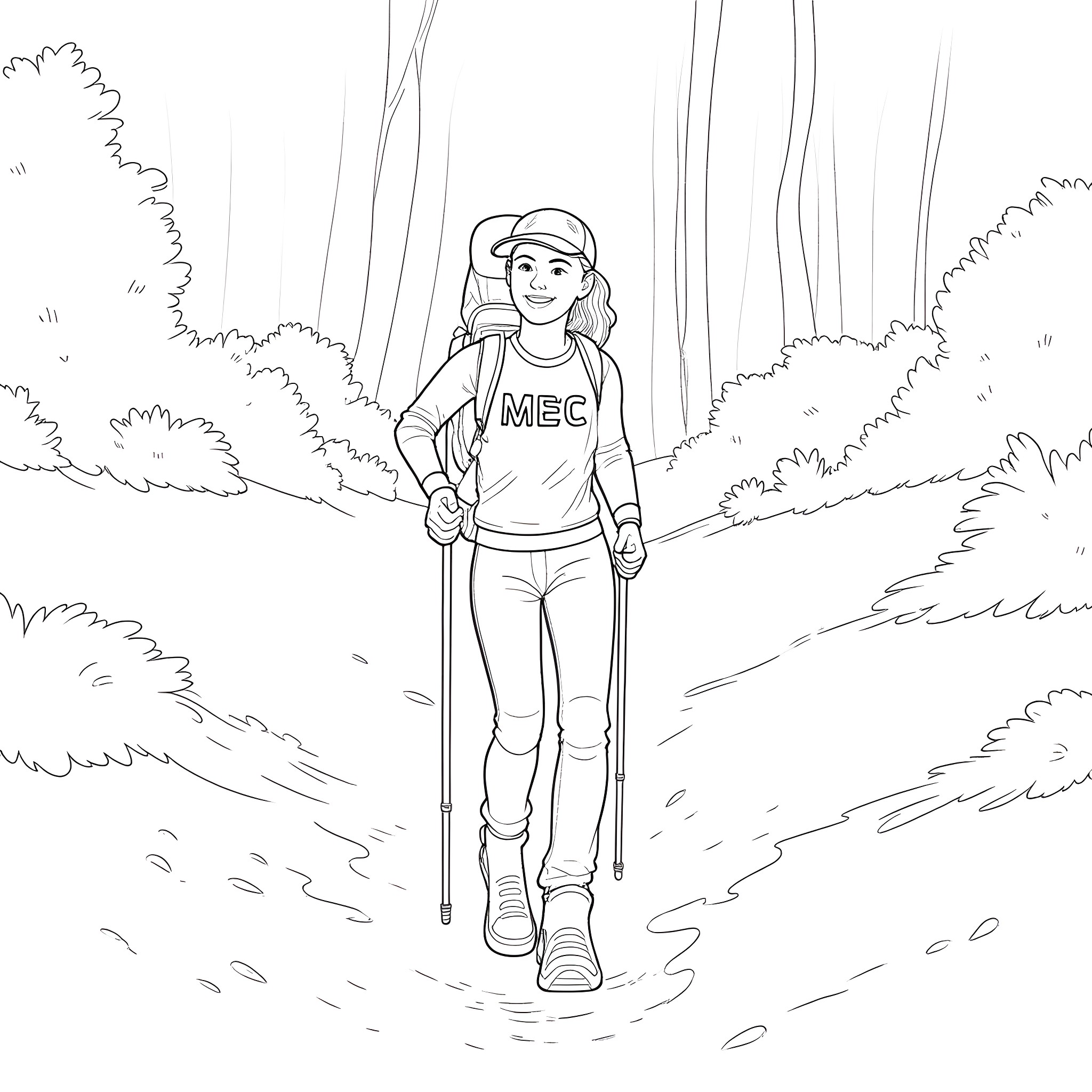 Hiker exploring the scenic trail in the woods Coloring Page (free black-and-white line drawing printable PDF for all, from beginners to advanced learners, including children, teens, adults, and seniors)