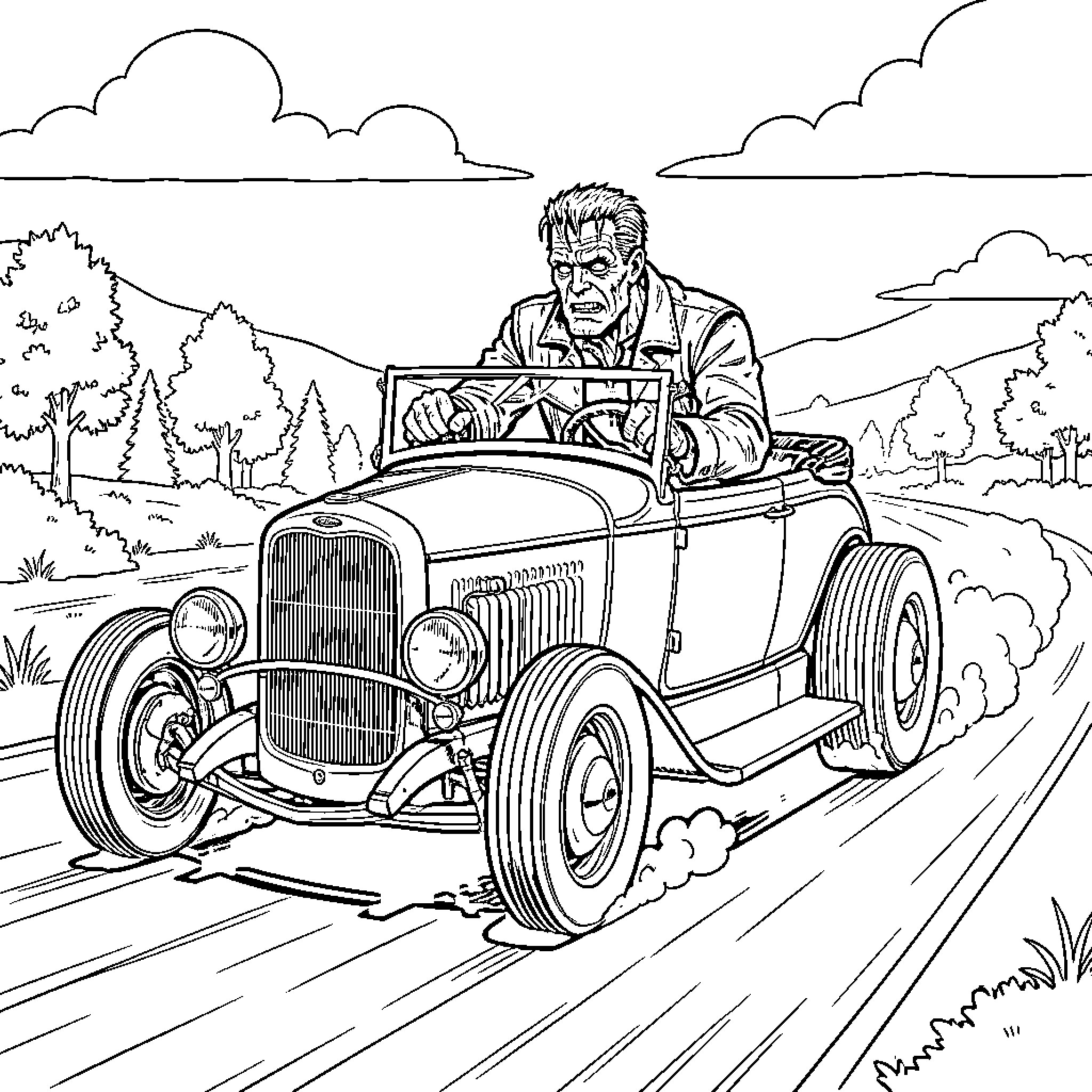 Frankenstein driving a vintage car on a dusty road Coloring Page (free black-and-white line drawing printable PDF for all, from beginners to advanced learners, including children, teens, adults, and seniors)