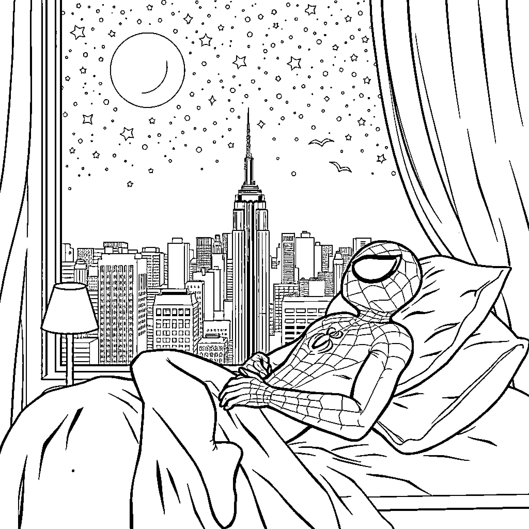 Spiderman resting in New York City skyline Coloring Page (free black-and-white line drawing printable PDF for all, from beginners to advanced learners, including children, teens, adults, and seniors)