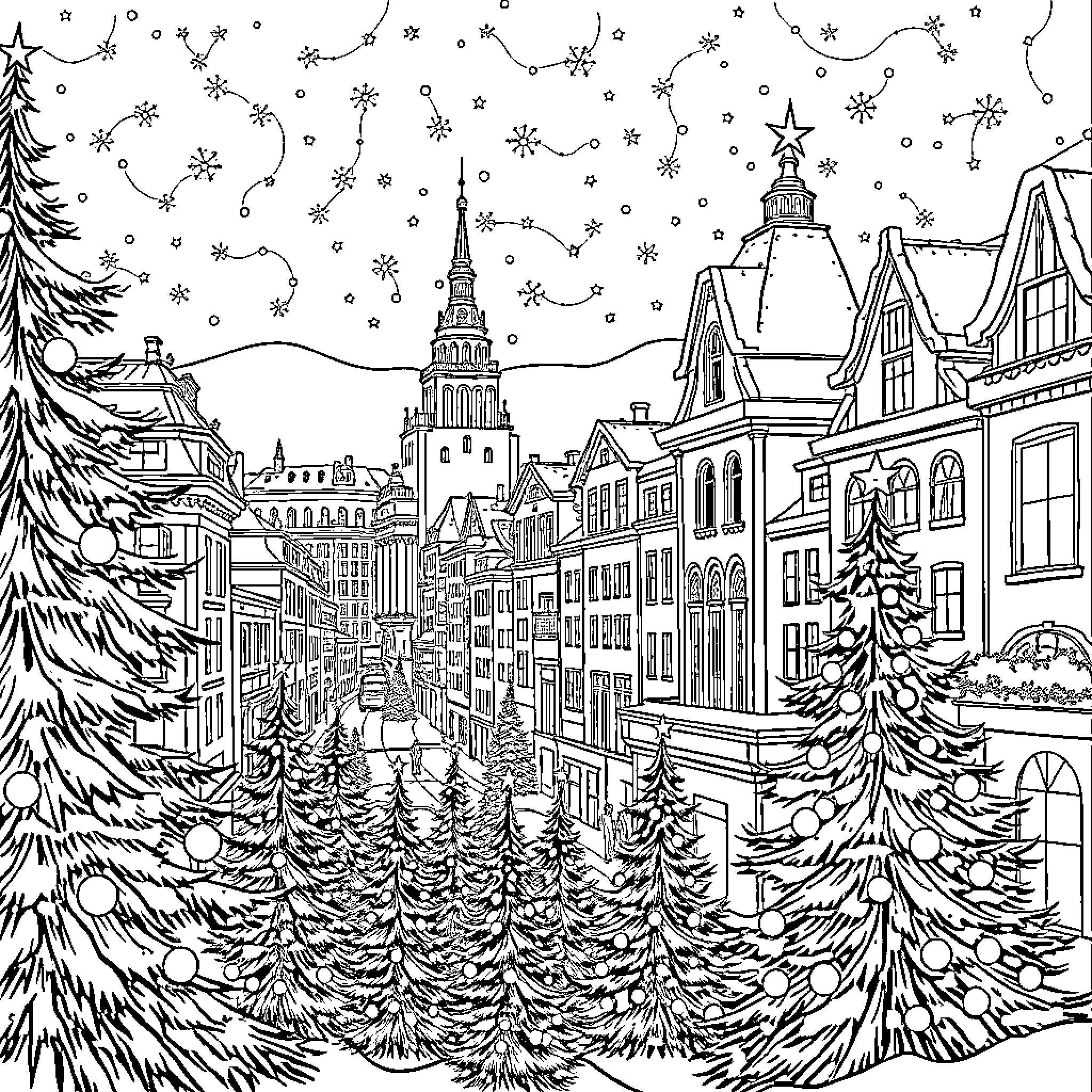 City skyline with winter scenes and snowfall Coloring Page (free black-and-white line drawing printable PDF for all, from beginners to advanced learners, including children, teens, adults, and seniors)