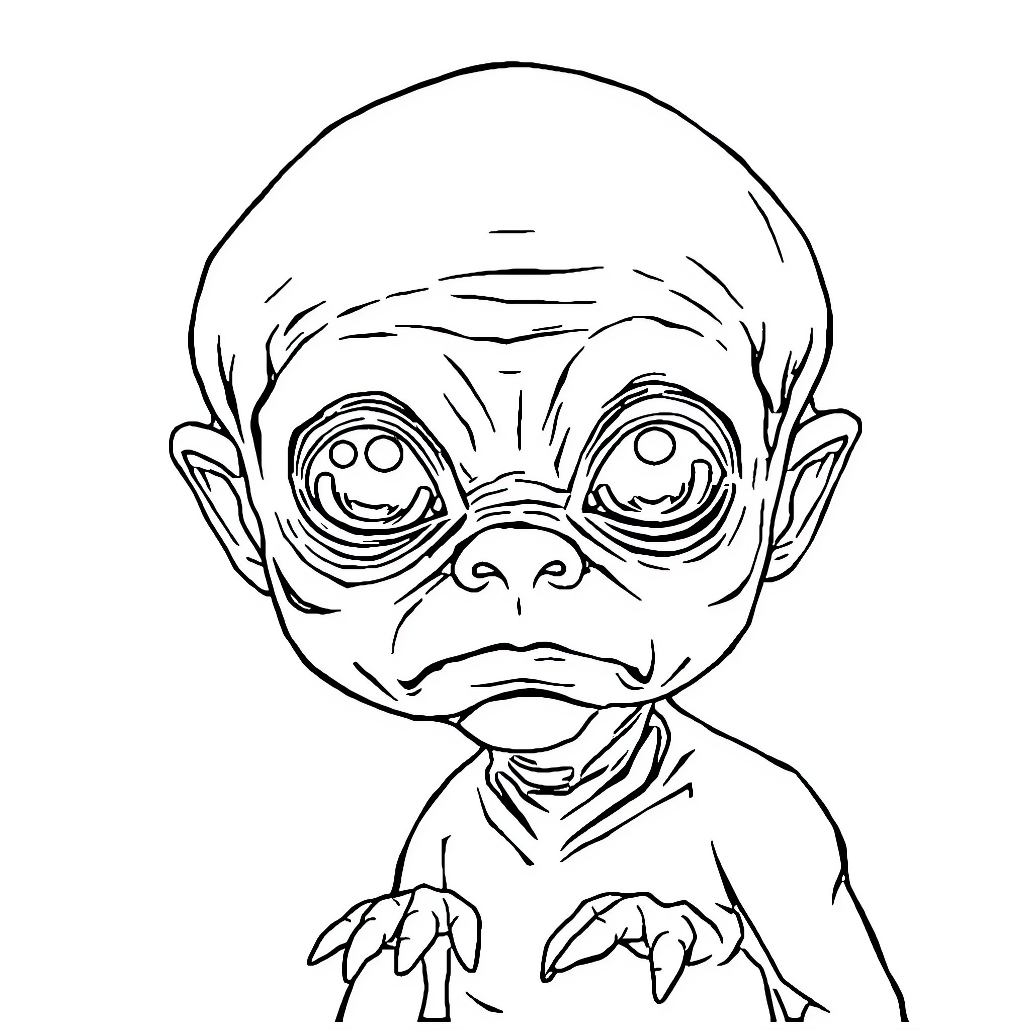 Alien creature with exaggerated features Coloring Page (free black-and-white line drawing printable PDF for all, from beginners to advanced learners, including children, teens, adults, and seniors)