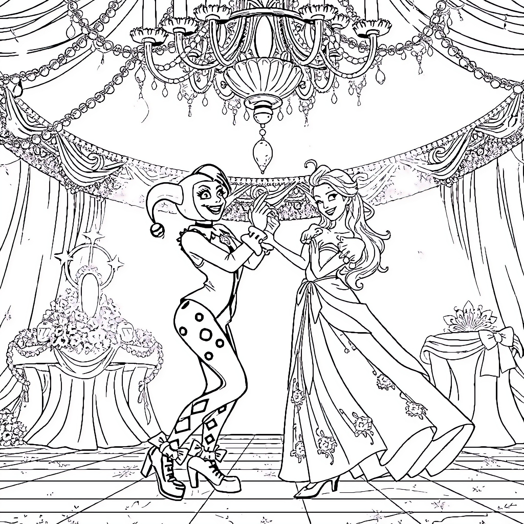 Harley Quinn and Joker's romantic ballroom dance Coloring Page (free black-and-white line drawing printable PDF for all, from beginners to advanced learners, including children, teens, adults, and seniors)