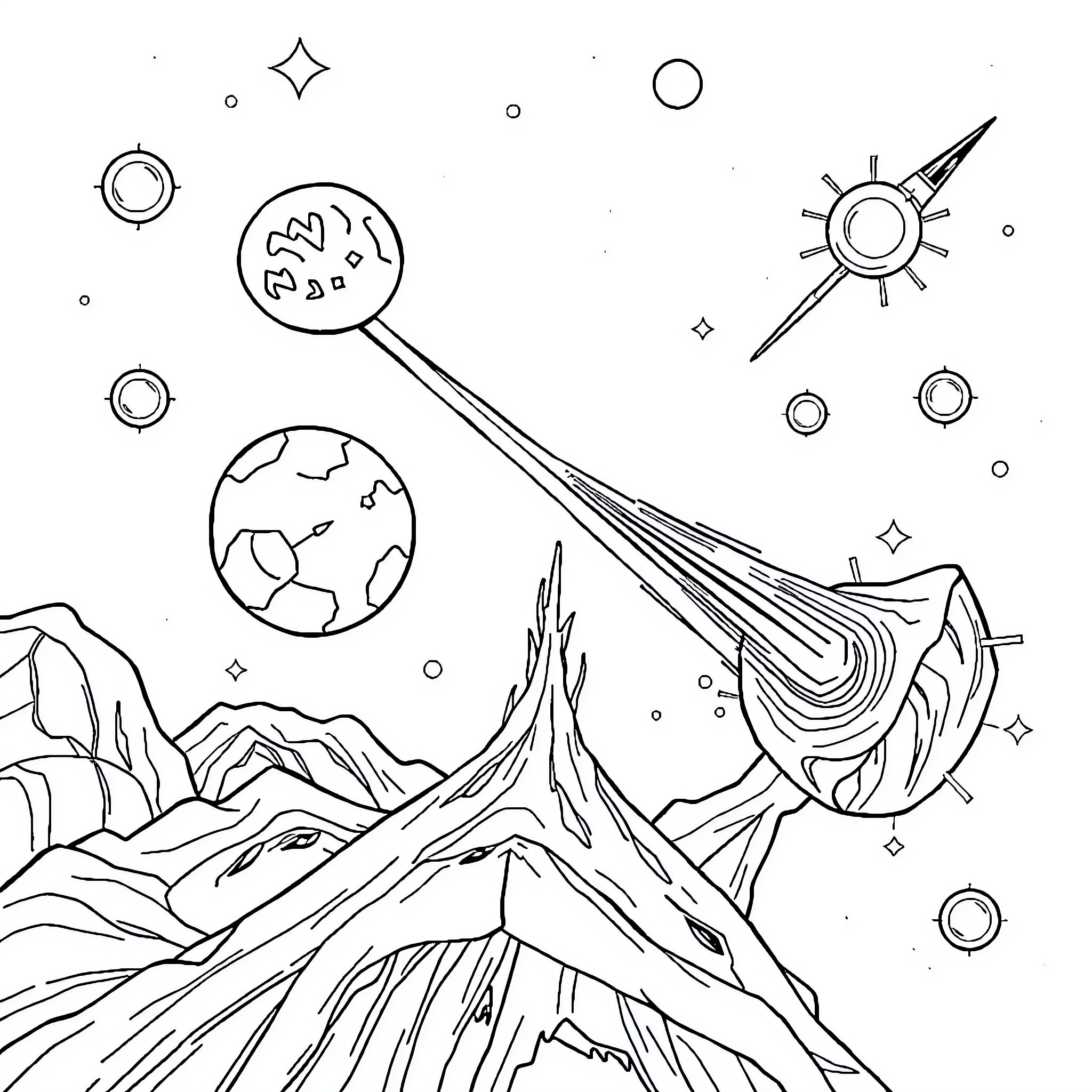 Isaac Newton explores the cosmic wonders of the universe Coloring Page (free black-and-white line drawing printable PDF for all, from beginners to advanced learners, including children, teens, adults, and seniors)