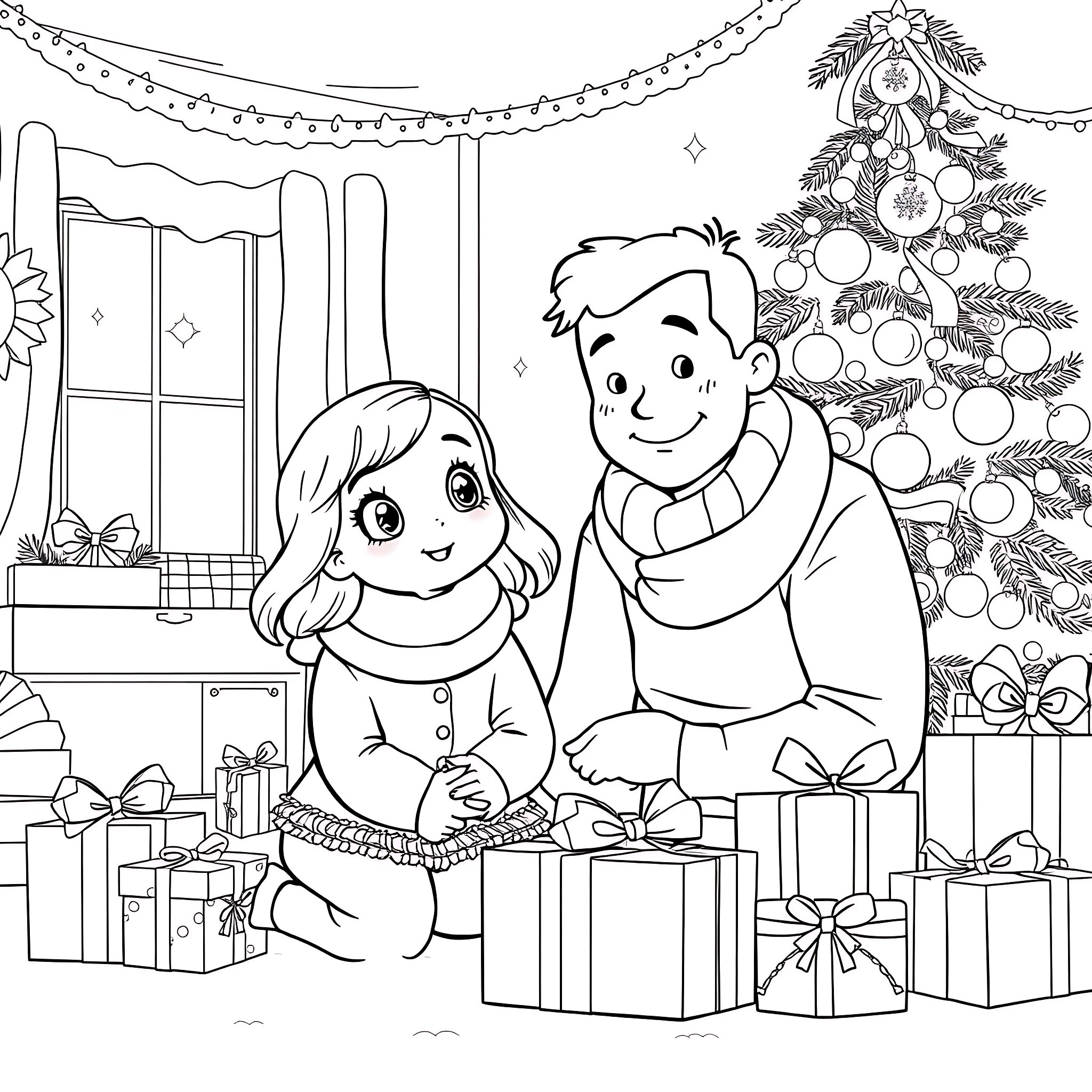 Girl and Boy Enjoying Christmas Celebration Coloring Page (free black-and-white line drawing printable PDF for all, from beginners to advanced learners, including children, teens, adults, and seniors)