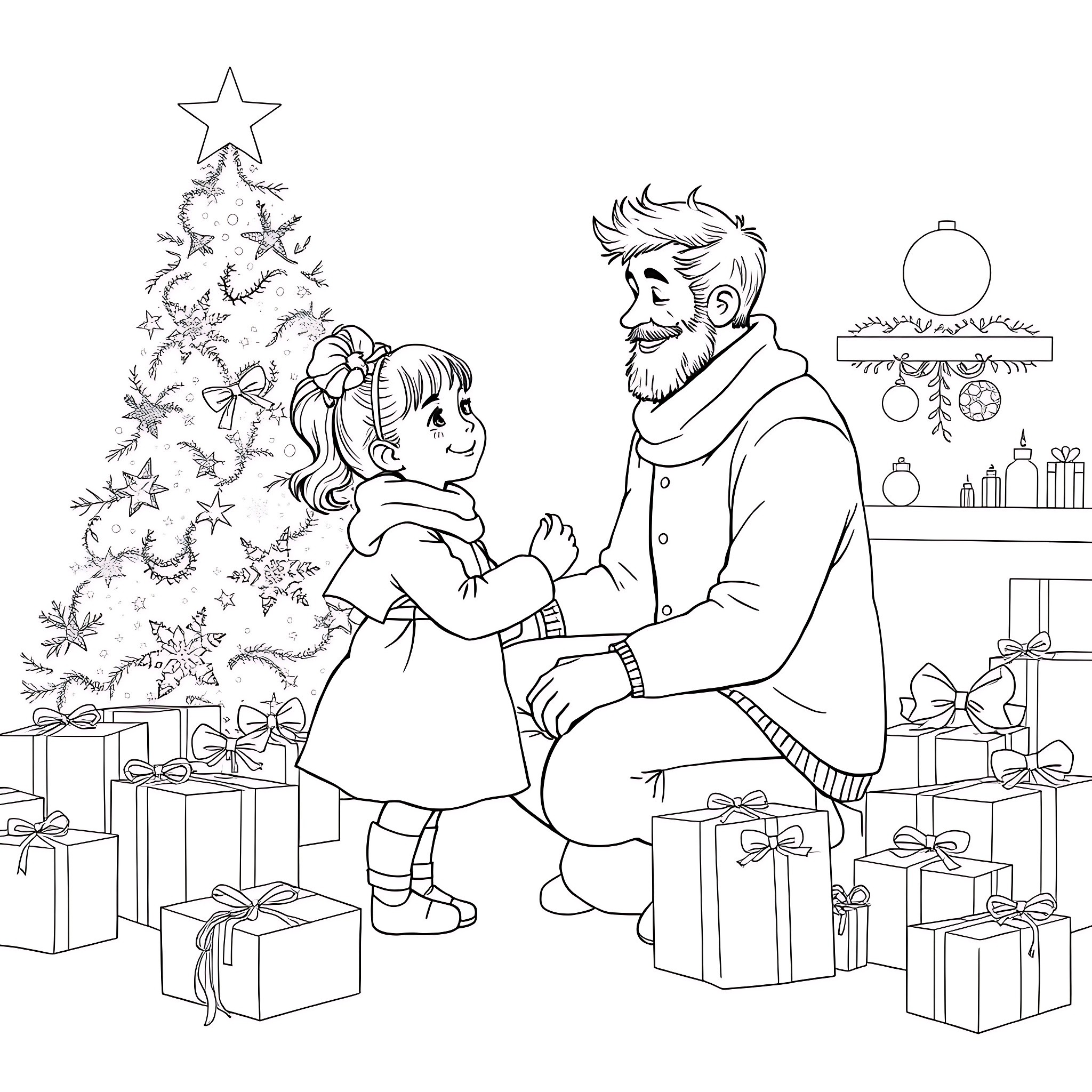 Girl Decorating Christmas Tree with Grandfather Coloring Page (free black-and-white line drawing printable PDF for all, from beginners to advanced learners, including children, teens, adults, and seniors)
