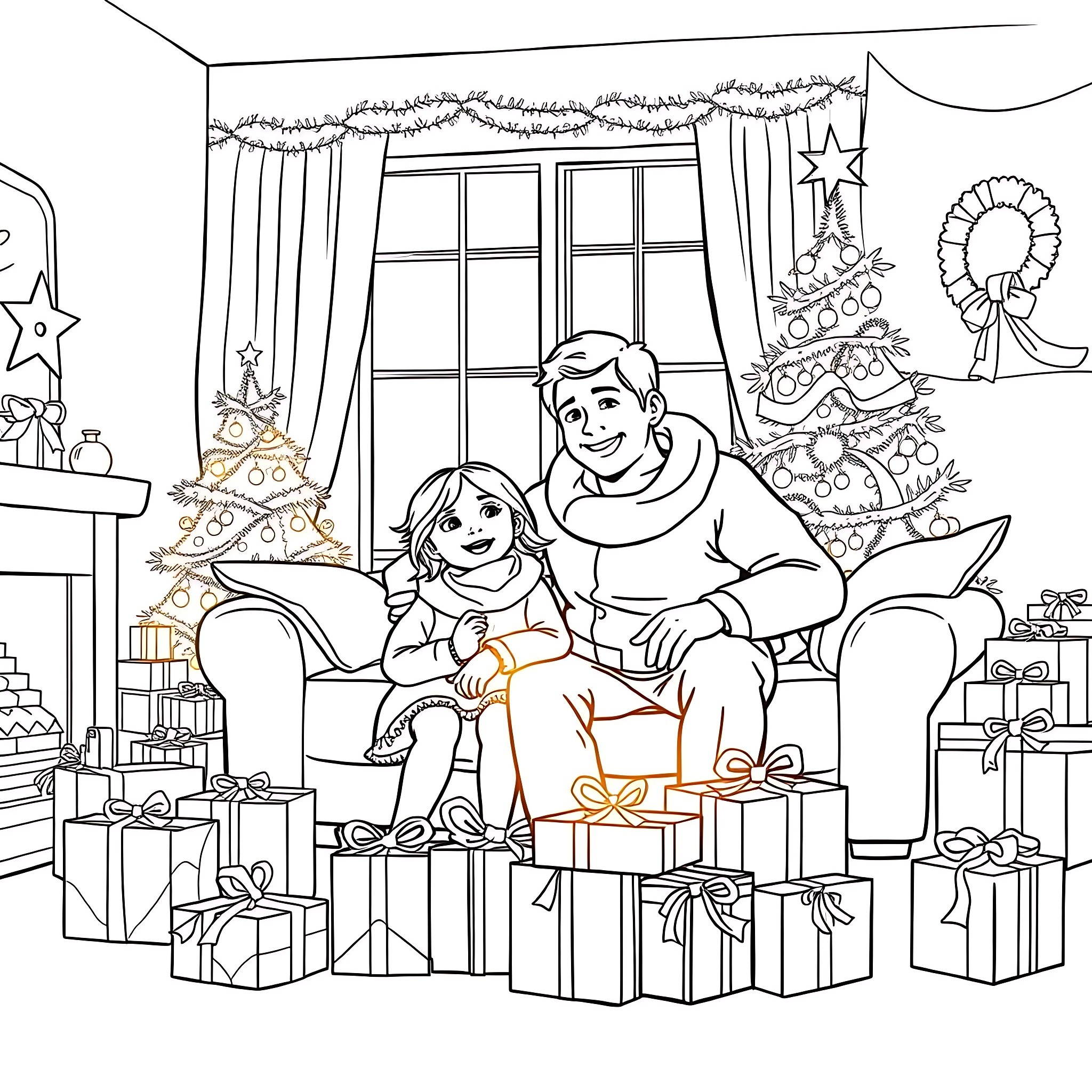 Girl and Boy Enjoying Christmas Together Coloring Page (free black-and-white line drawing printable PDF for all, from beginners to advanced learners, including children, teens, adults, and seniors)