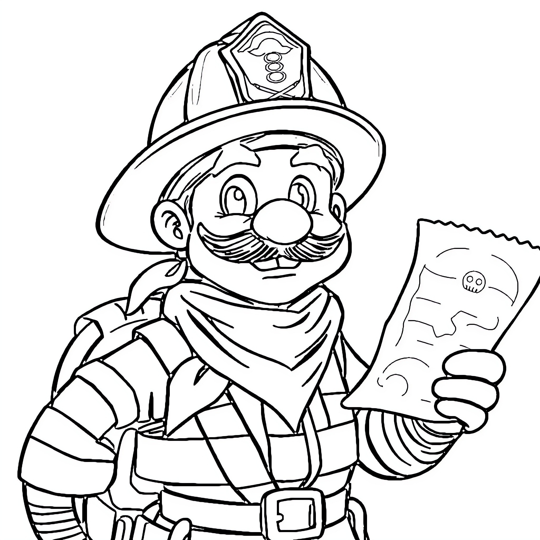 Firefighter with safety equipment and rescue plans Coloring Page (free black-and-white line drawing printable PDF for all, from beginners to advanced learners, including children, teens, adults, and seniors)