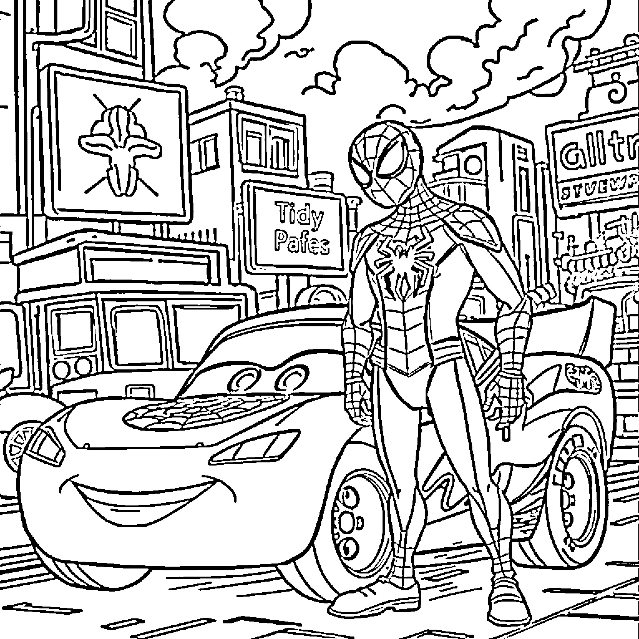 Spiderman standing confidently next to a smiling racing car Coloring Page (free black-and-white line drawing printable PDF for all, from beginners to advanced learners, including children, teens, adults, and seniors)