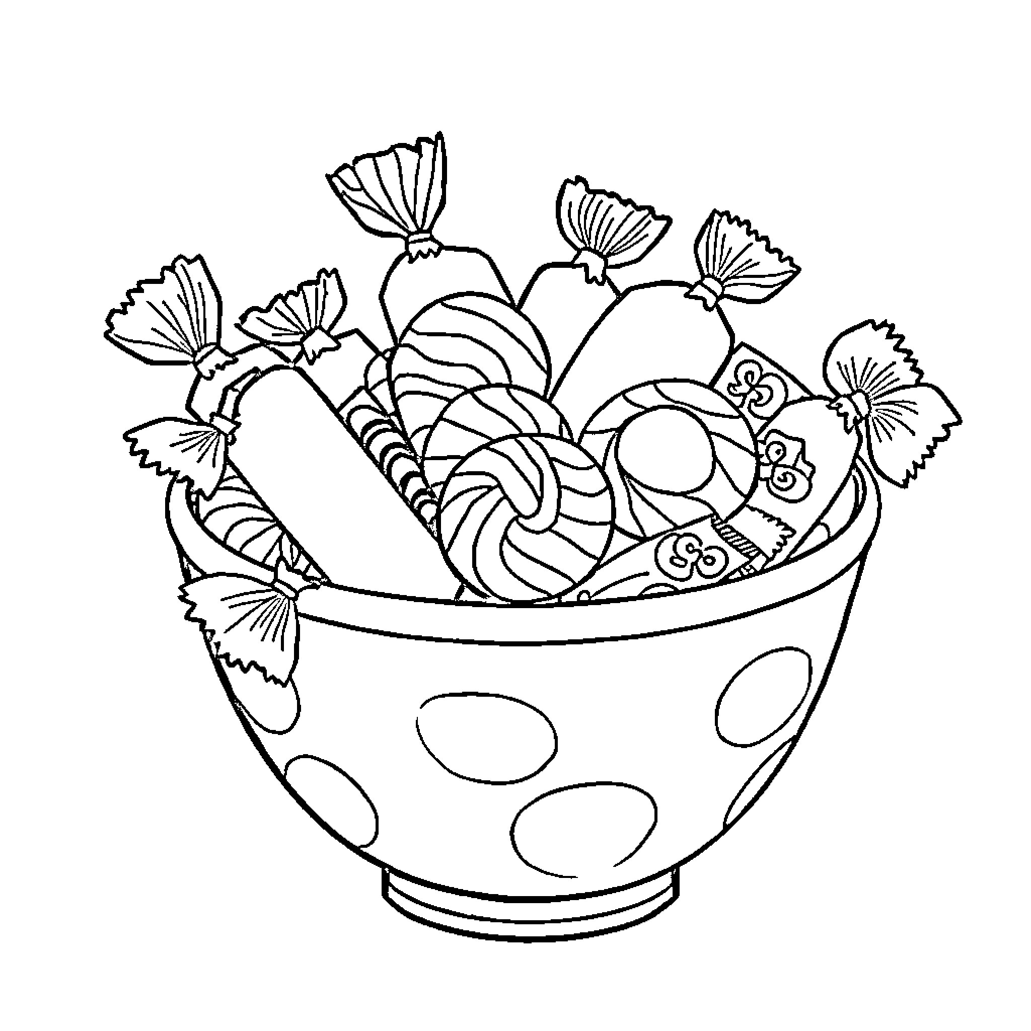 Candy-themed decorative bowl of treats Coloring Page (free black-and-white line drawing printable PDF for all, from beginners to advanced learners, including children, teens, adults, and seniors)