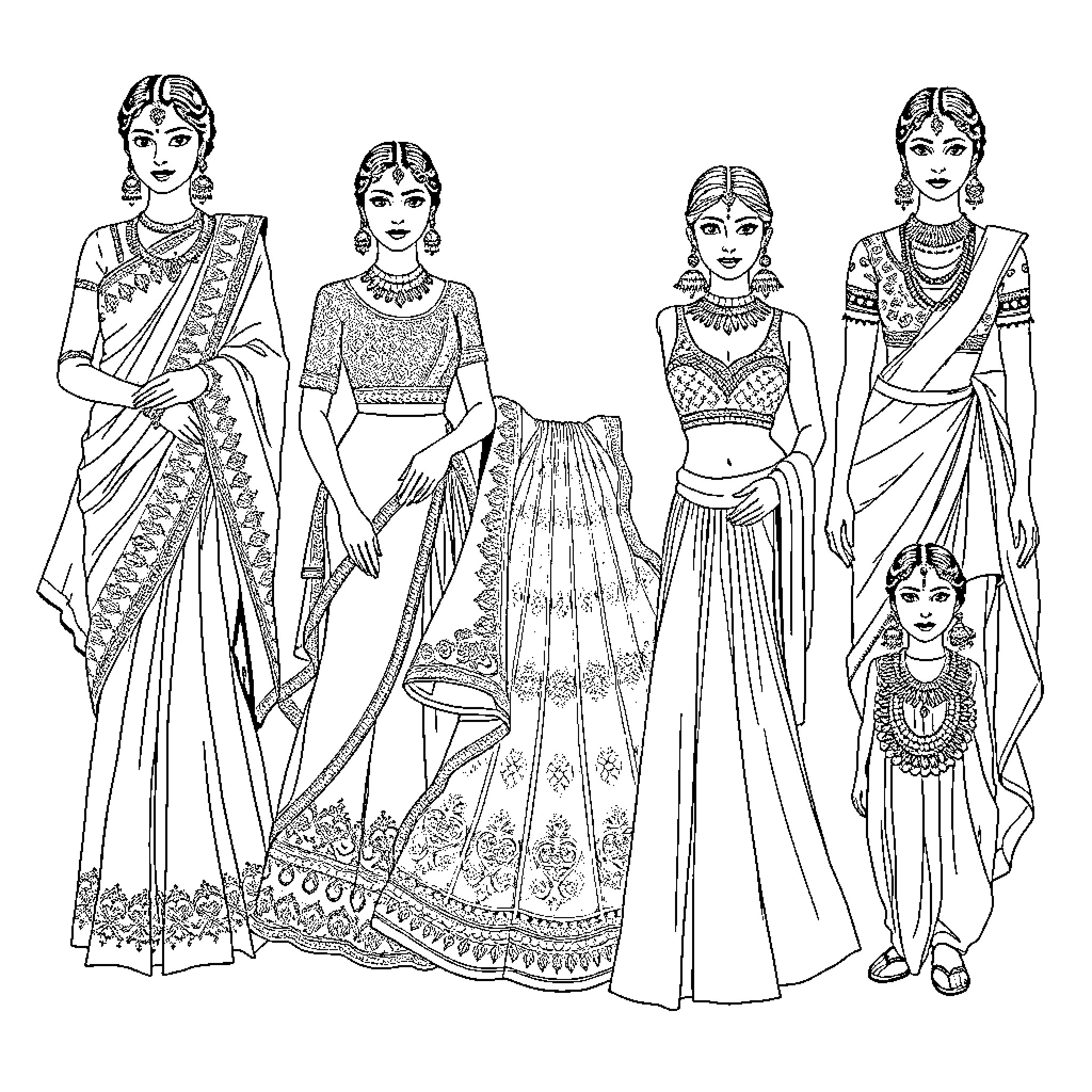 Fashion Showcase of Traditional Indian Attire Coloring Page (free black-and-white line drawing printable PDF for all, from beginners to advanced learners, including children, teens, adults, and seniors)
