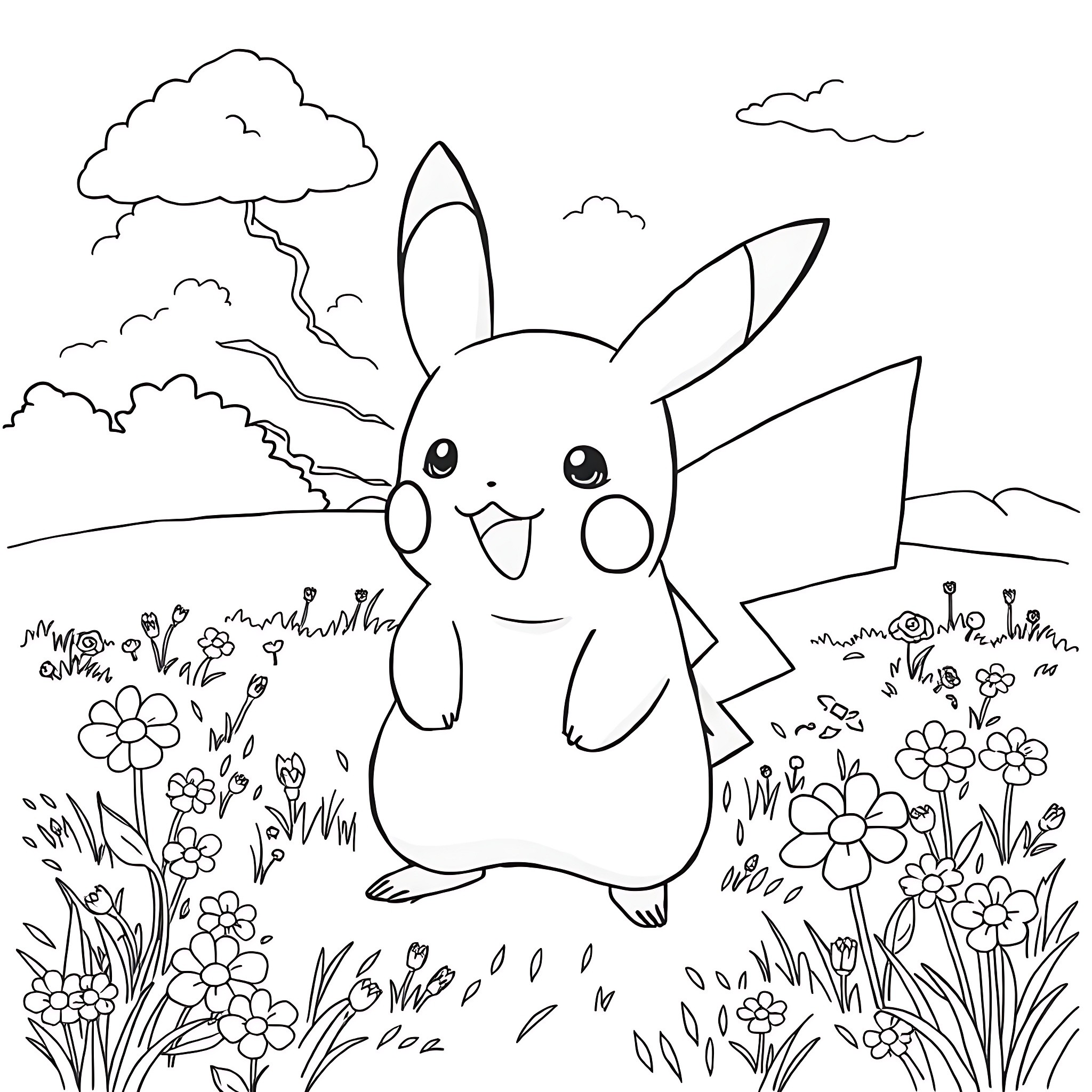 Pikachu playing in a magical garden Coloring Page (free black-and-white line drawing printable PDF for all, from beginners to advanced learners, including children, teens, adults, and seniors)