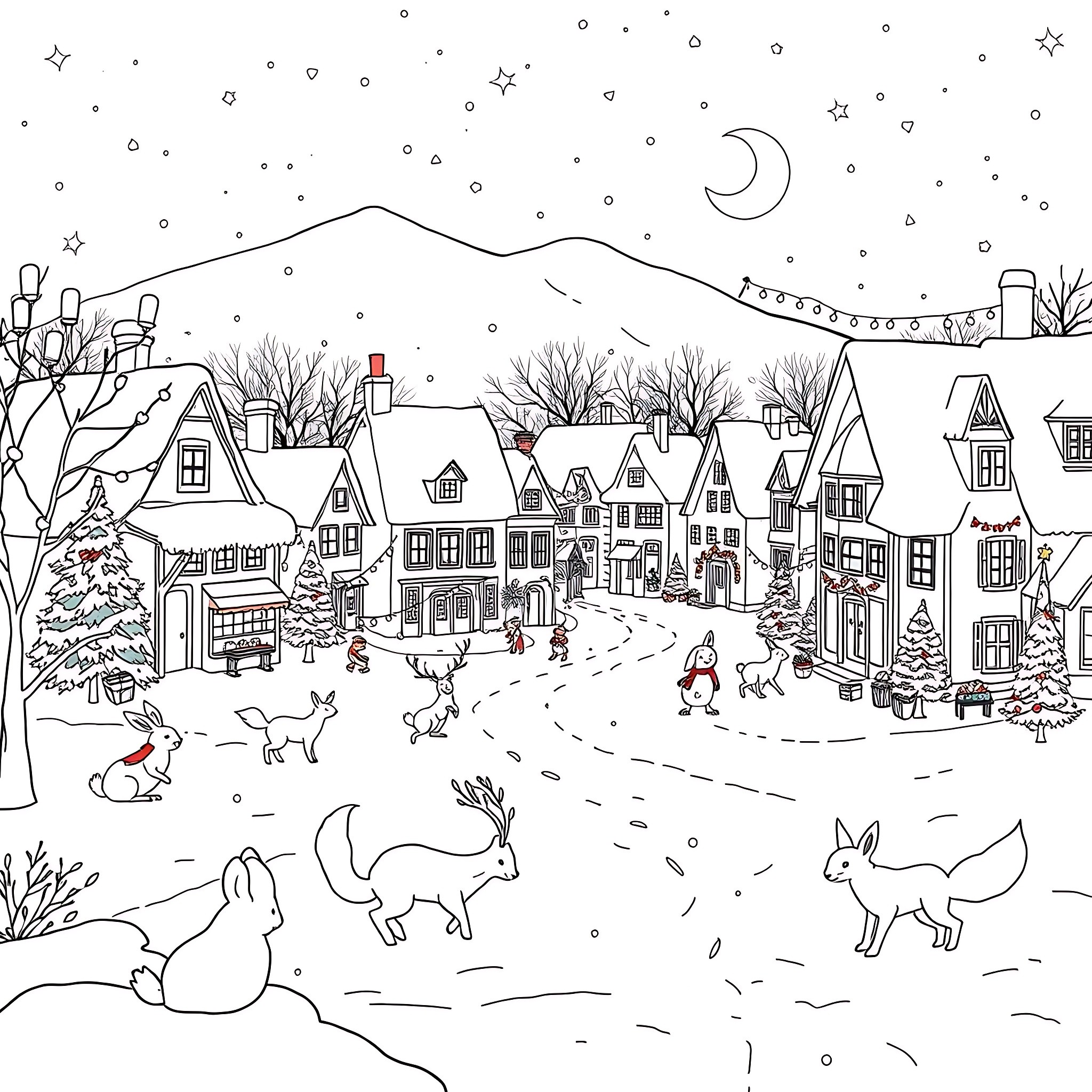 Snow Animal Playing in Snowy Winter Village Coloring Page (free black-and-white line drawing printable PDF for all, from beginners to advanced learners, including children, teens, adults, and seniors)