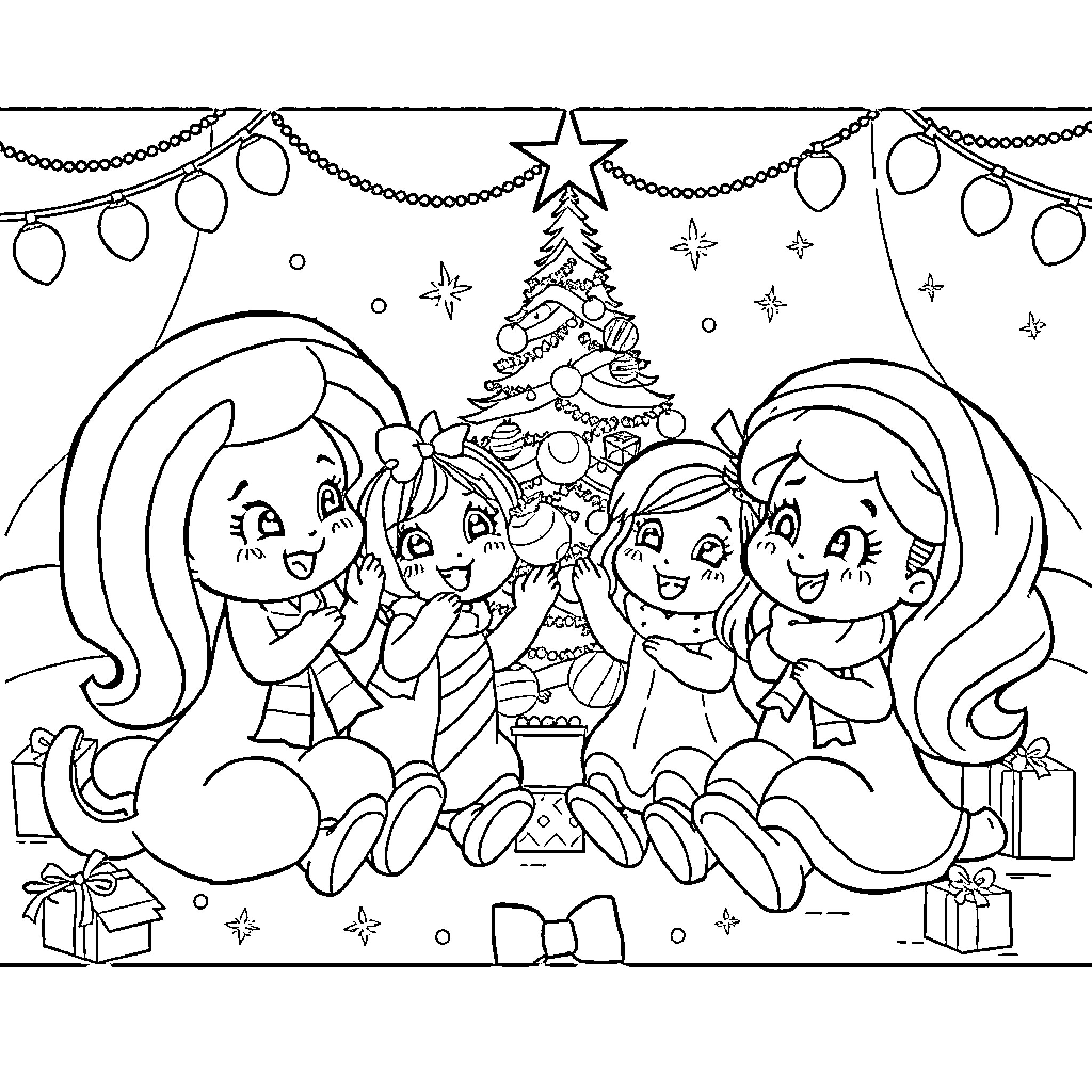Friends celebrating the holiday season together Coloring Page (free black-and-white line drawing printable PDF for all, from beginners to advanced learners, including children, teens, adults, and seniors)