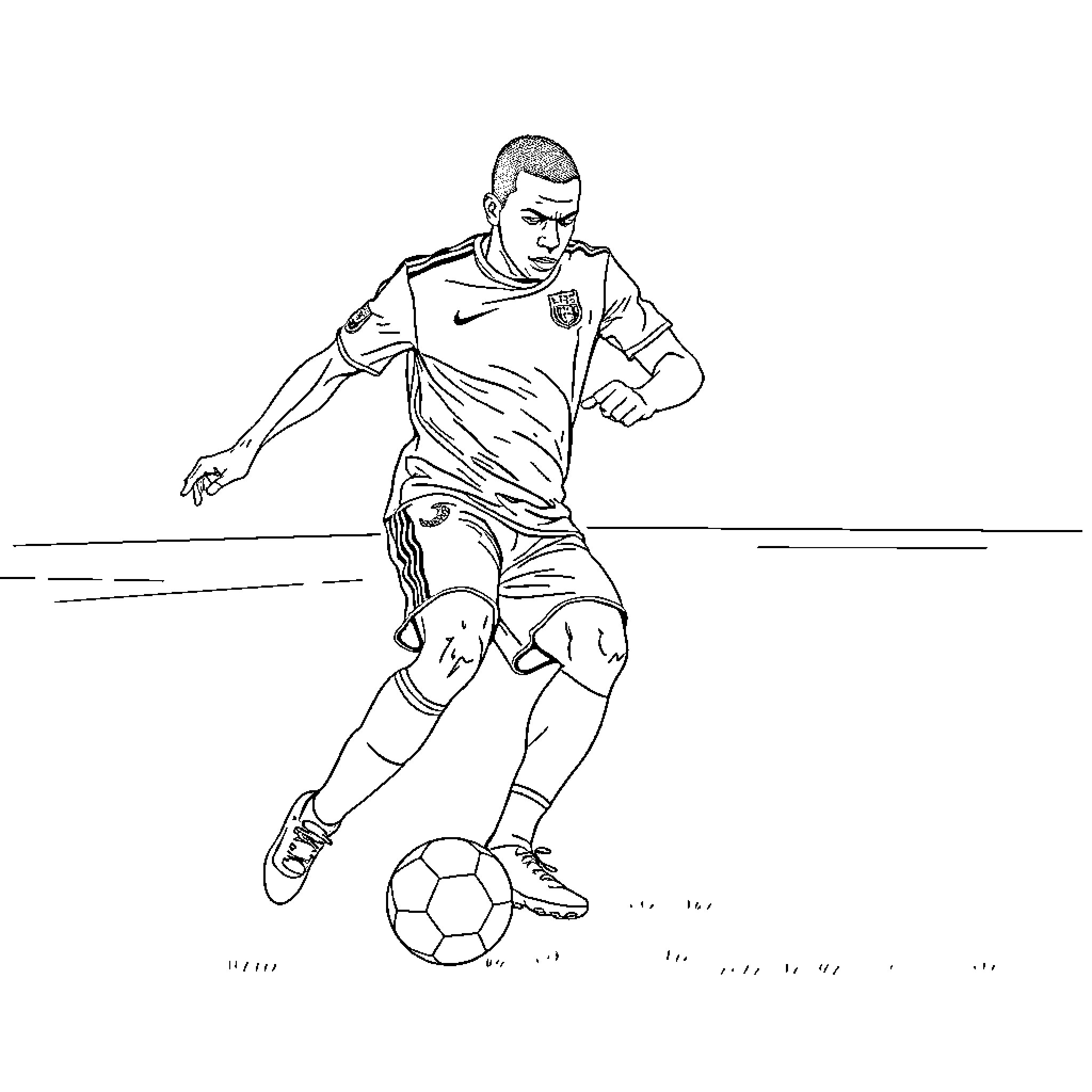 Mbappe in action on the soccer field Coloring Page (free black-and-white line drawing printable PDF for all, from beginners to advanced learners, including children, teens, adults, and seniors)