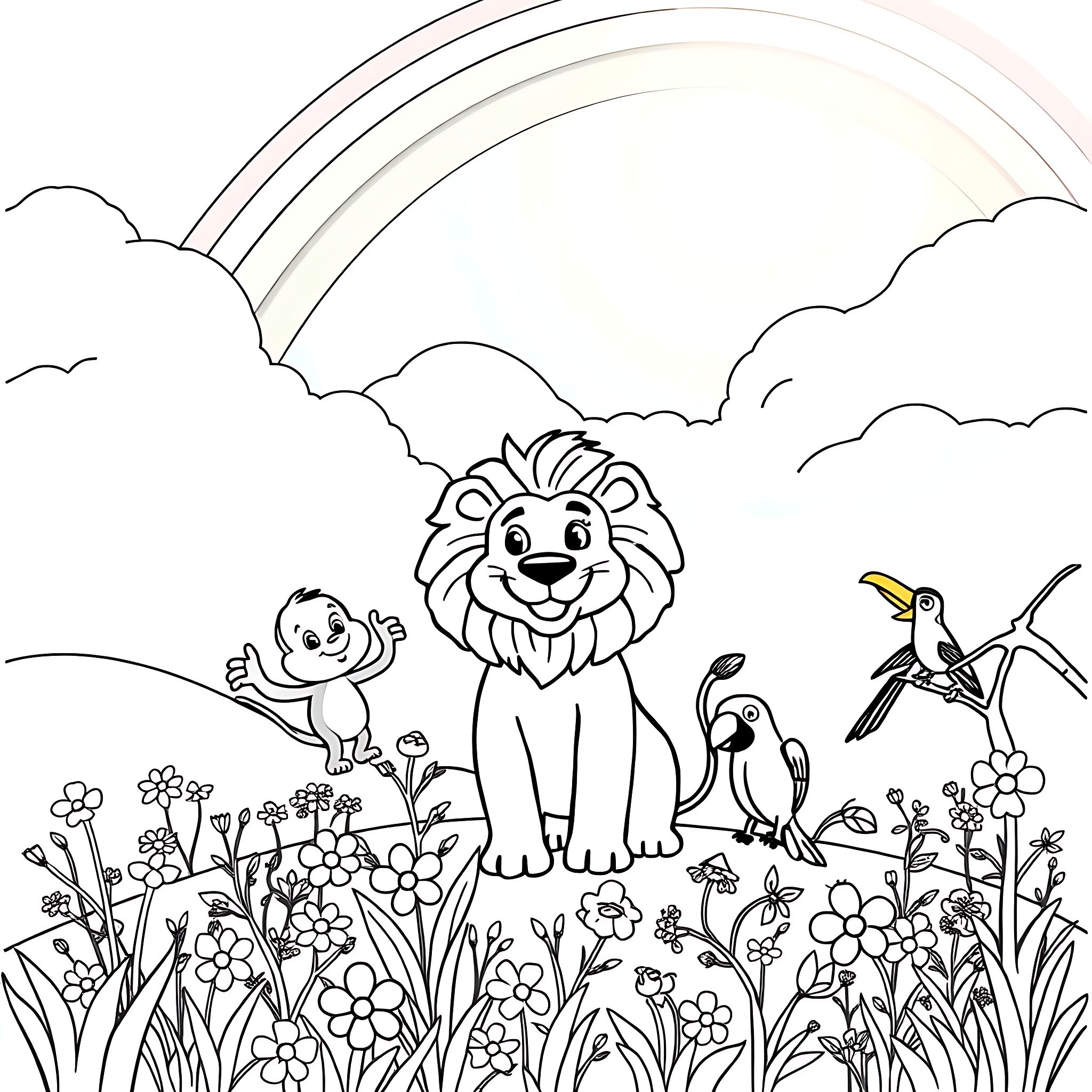 Lion and animal friends in colorful garden Coloring Page (free black-and-white line drawing printable PDF for all, from beginners to advanced learners, including children, teens, adults, and seniors)