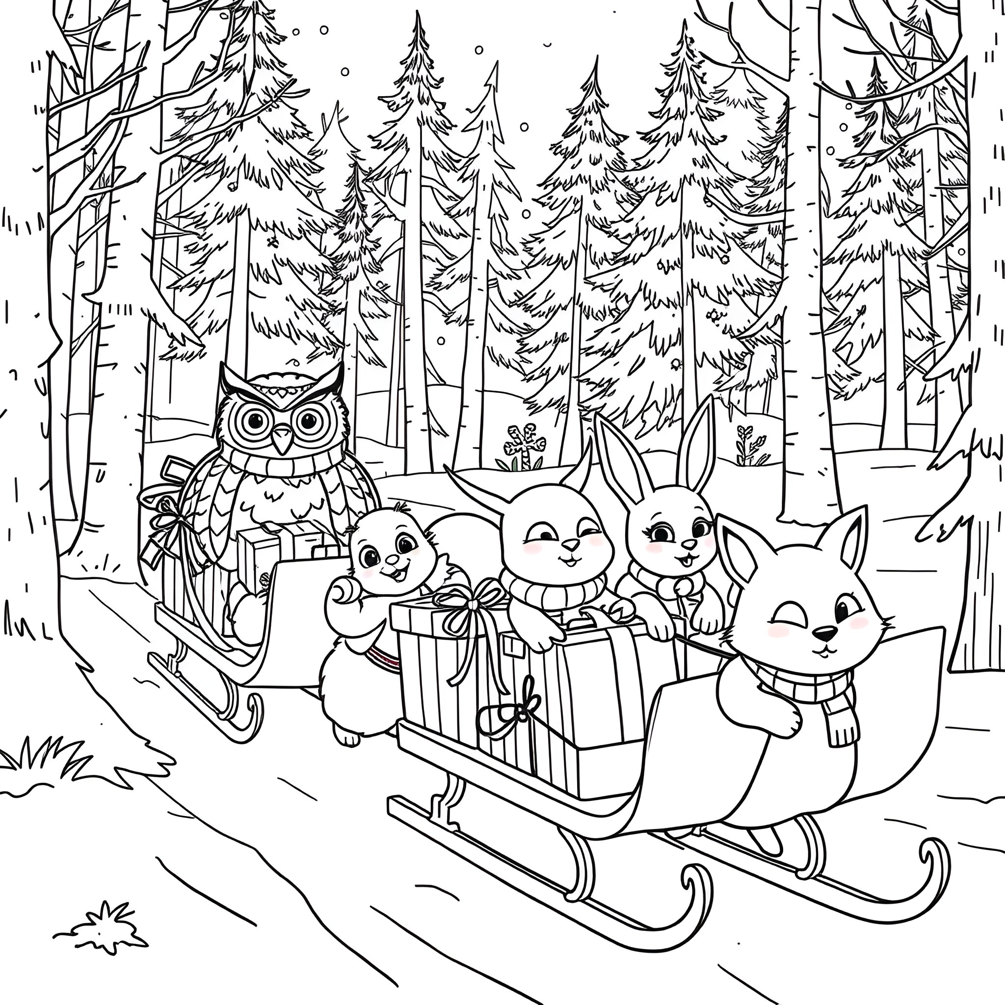 Forest Family Enjoying Wintry Sleigh Ride Coloring Page (free black-and-white line drawing printable PDF for all, from beginners to advanced learners, including children, teens, adults, and seniors)