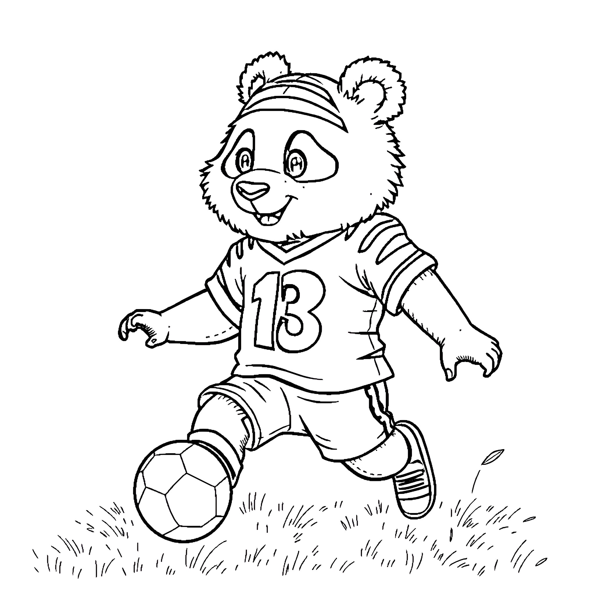 Panda playing with soccer ball on field Coloring Page (free black-and-white line drawing printable PDF for all, from beginners to advanced learners, including children, teens, adults, and seniors)