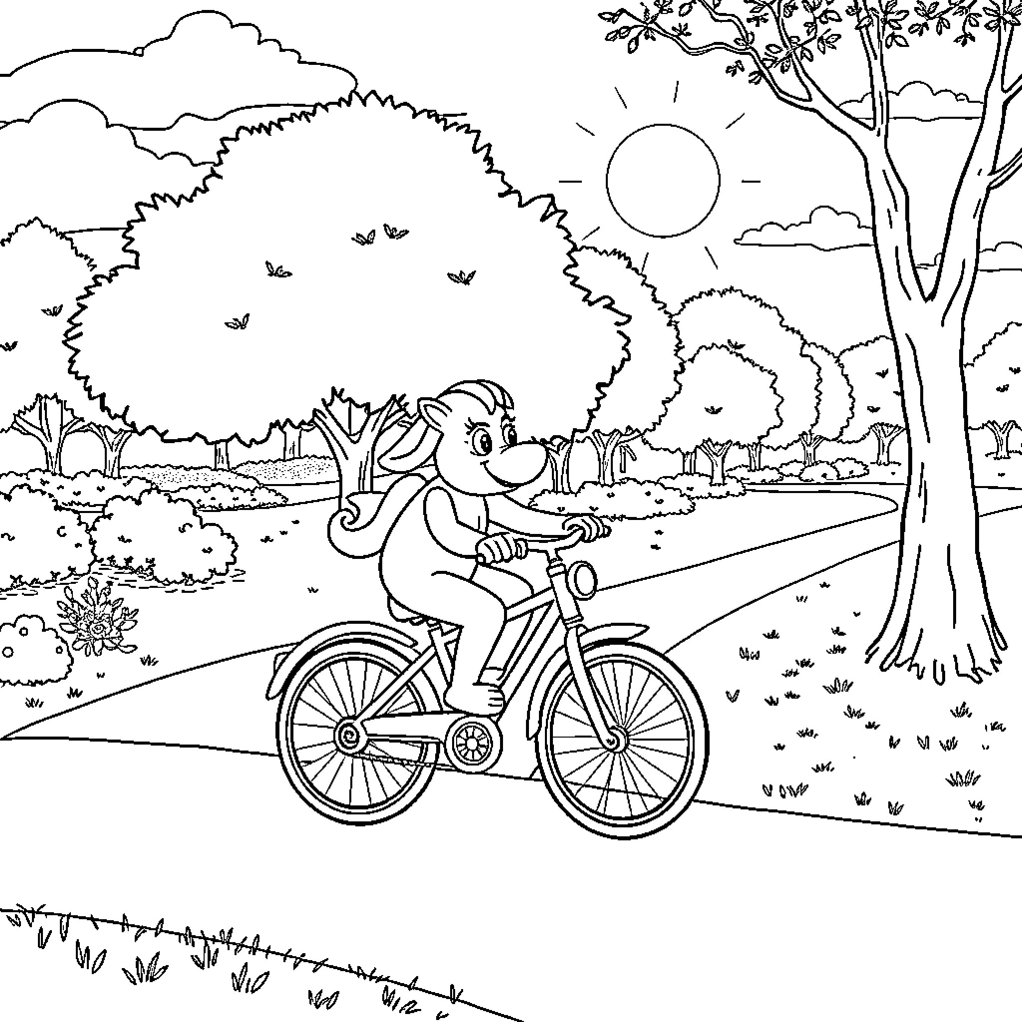 Jumaru's Joyful Bicycle Ride in the Nature Coloring Page (free black-and-white line drawing printable PDF for all, from beginners to advanced learners, including children, teens, adults, and seniors)