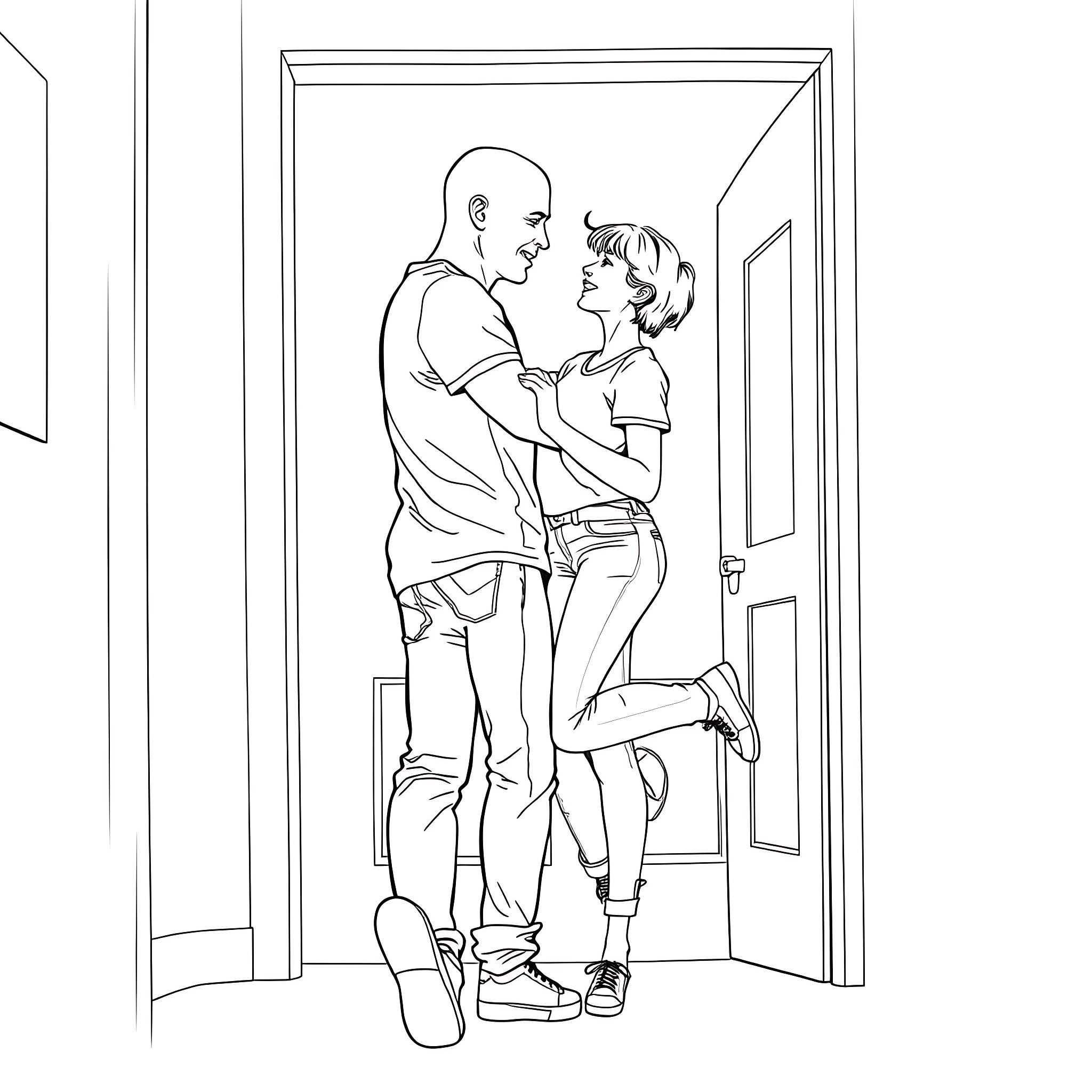 Man and Woman Embracing Affectionately at Doorway Coloring Page (free black-and-white line drawing printable PDF for all, from beginners to advanced learners, including children, teens, adults, and seniors)