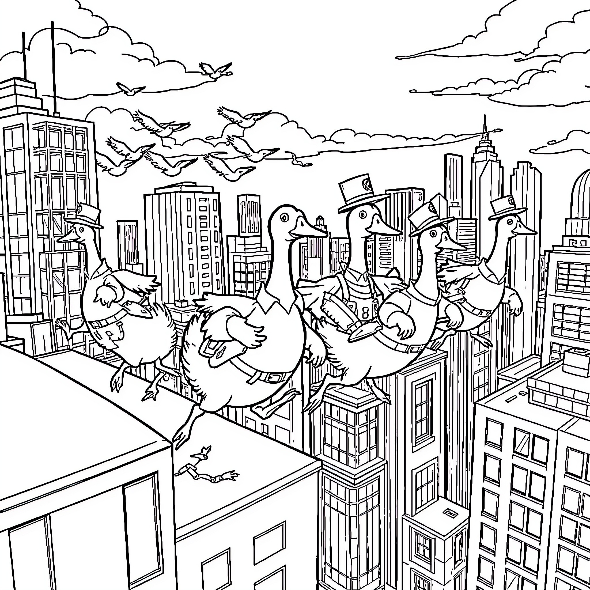 Goose Flock Soaring Over Cityscape Coloring Page (free black-and-white line drawing printable PDF for all, from beginners to advanced learners, including children, teens, adults, and seniors)