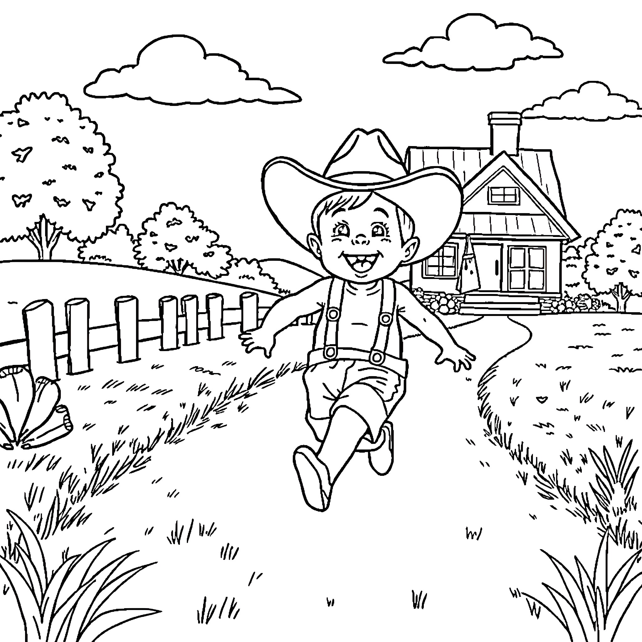 Baby Cowboy Explores Countryside Coloring Page (free black-and-white line drawing printable PDF for all, from beginners to advanced learners, including children, teens, adults, and seniors)