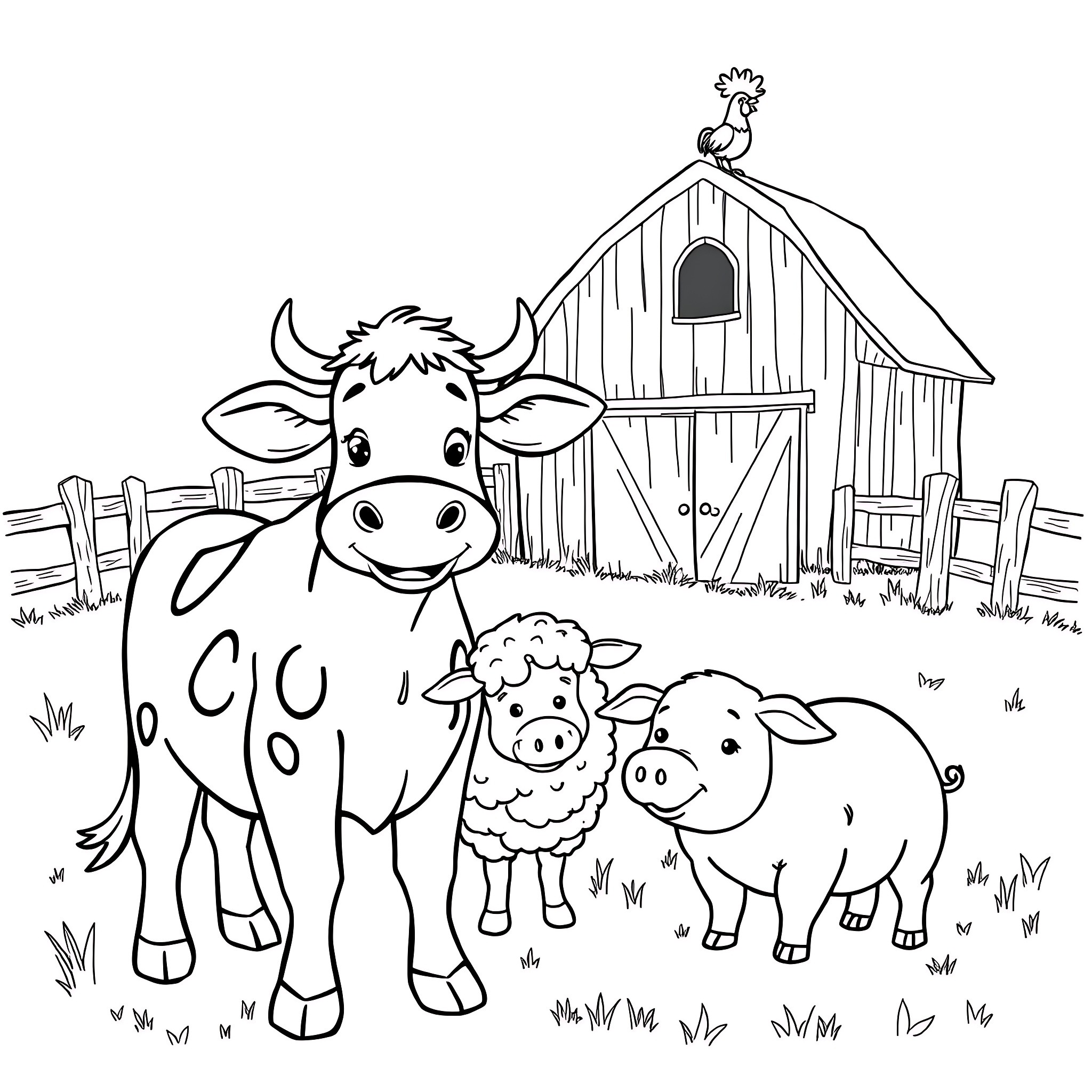Farm Animal Friends on the Countryside Coloring Page (free black-and-white line drawing printable PDF for all, from beginners to advanced learners, including children, teens, adults, and seniors)