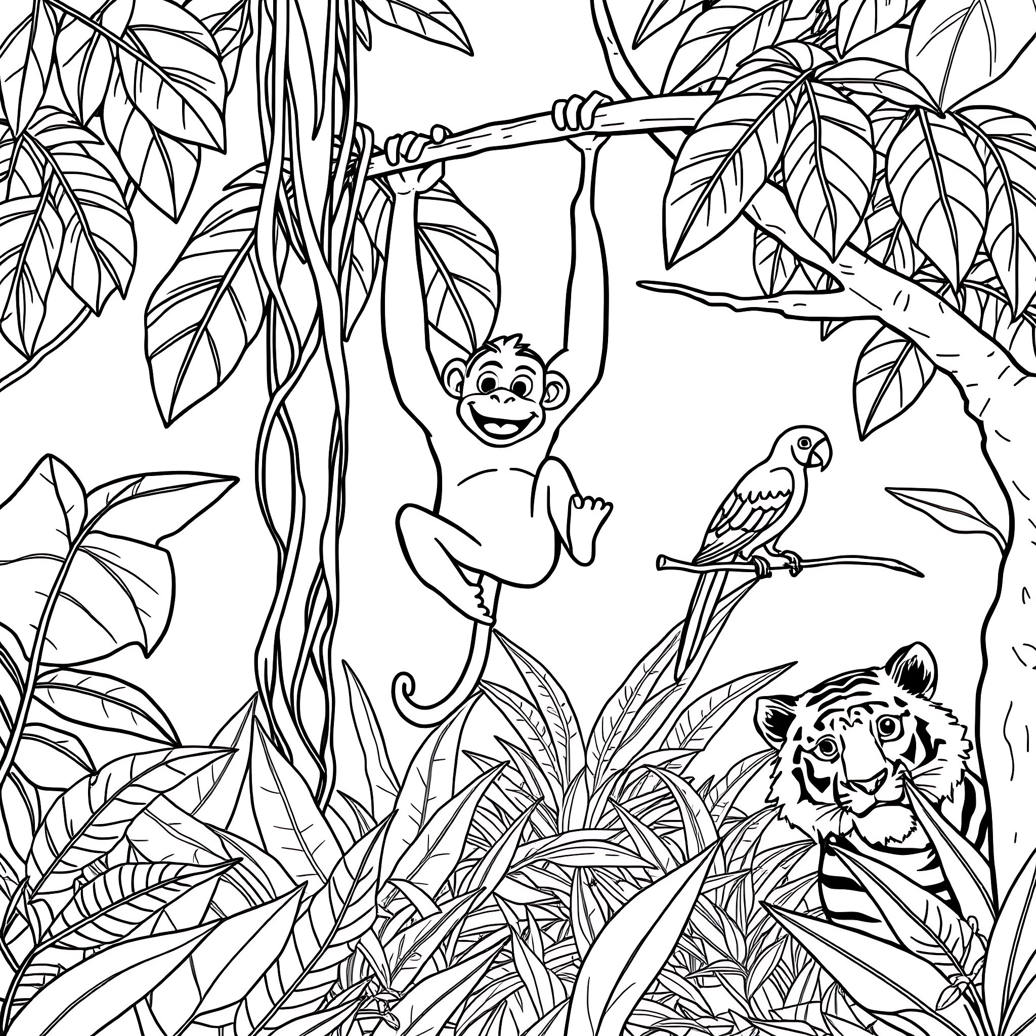 Monkey playing in the lush jungle with birds and tiger Coloring Page (free black-and-white line drawing printable PDF for all, from beginners to advanced learners, including children, teens, adults, and seniors)