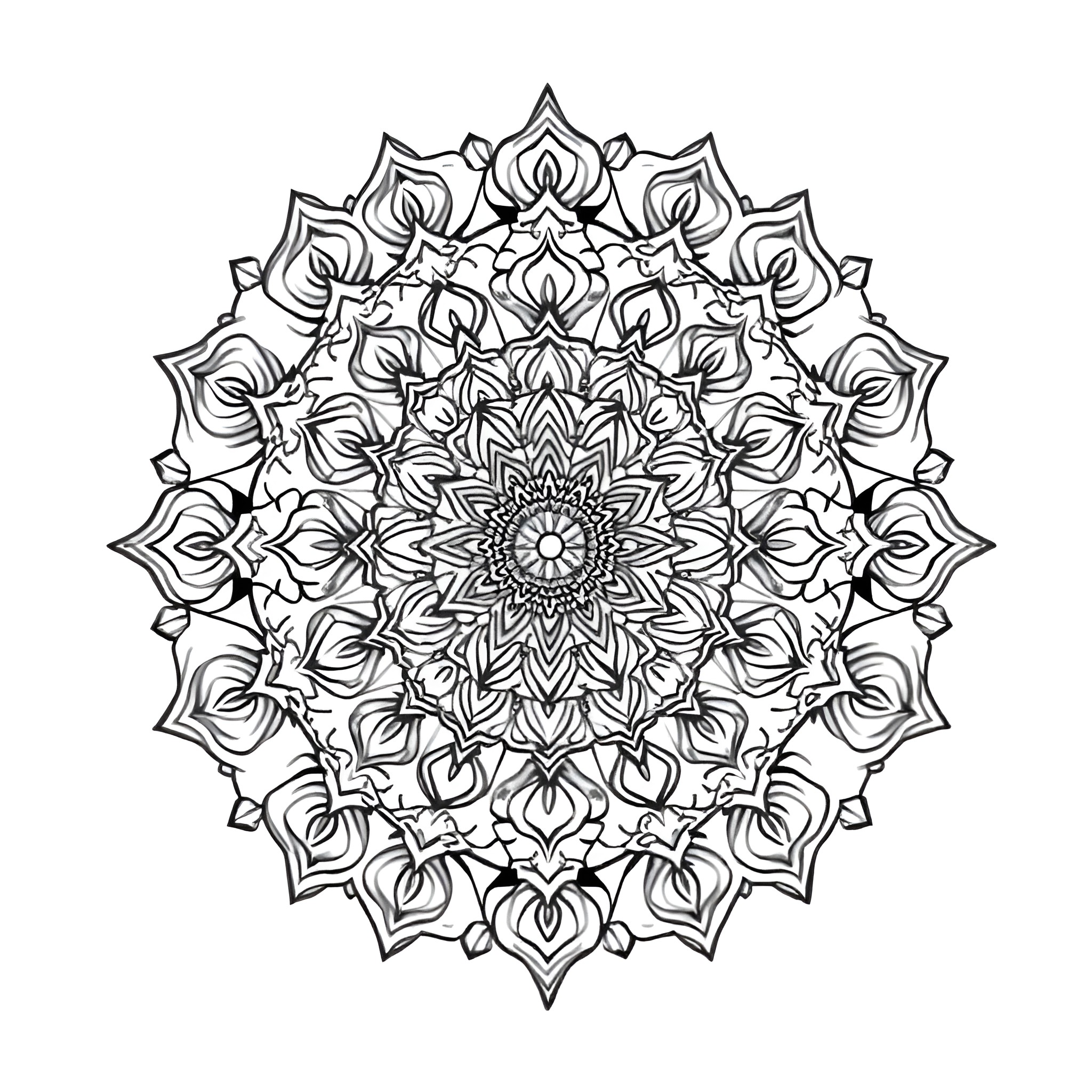 Mandala with intricate floral patterns and symmetry Coloring Page (free black-and-white line drawing printable PDF for all, from beginners to advanced learners, including children, teens, adults, and seniors)