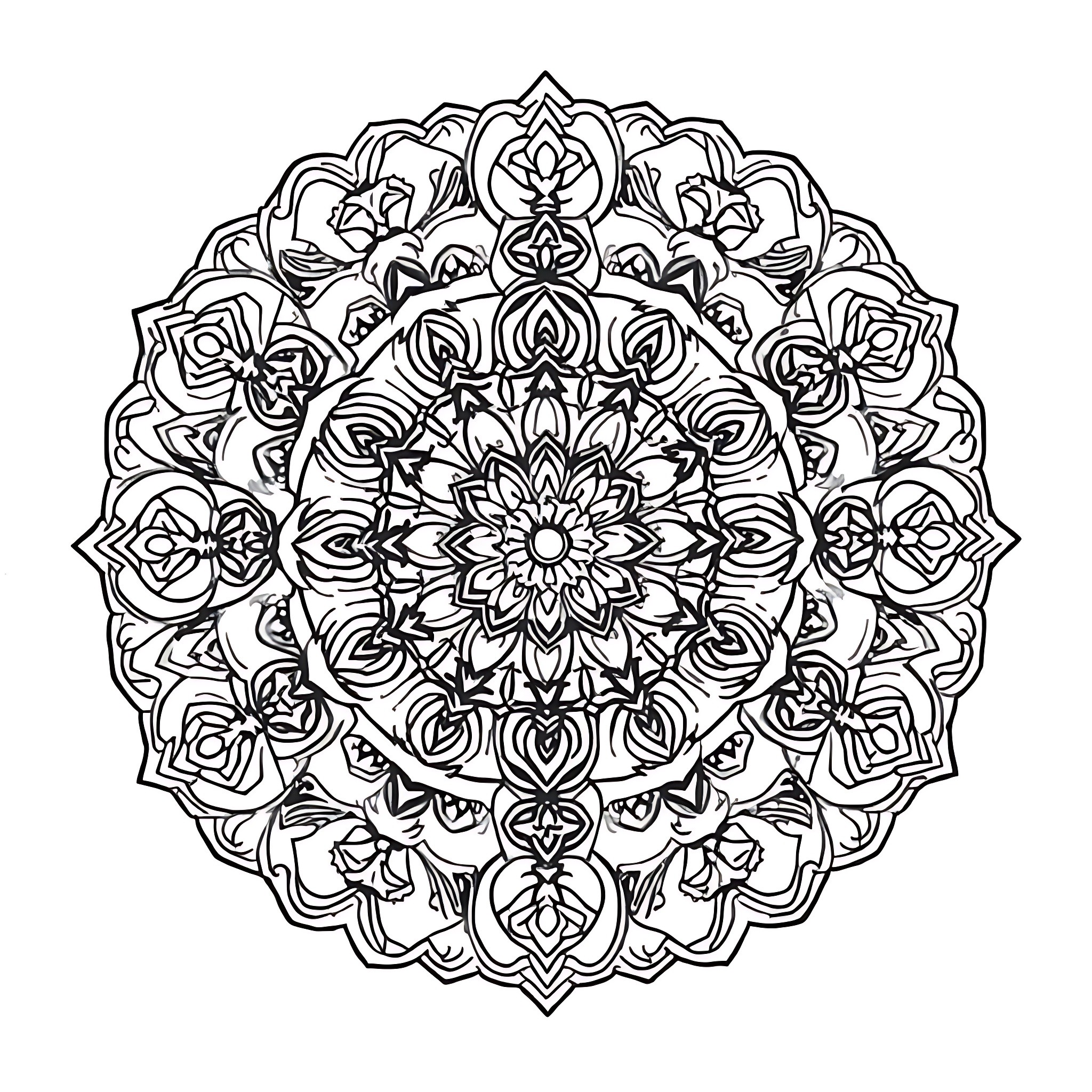 Mandala with intricate floral designs and patterns Coloring Page (free black-and-white line drawing printable PDF for all, from beginners to advanced learners, including children, teens, adults, and seniors)