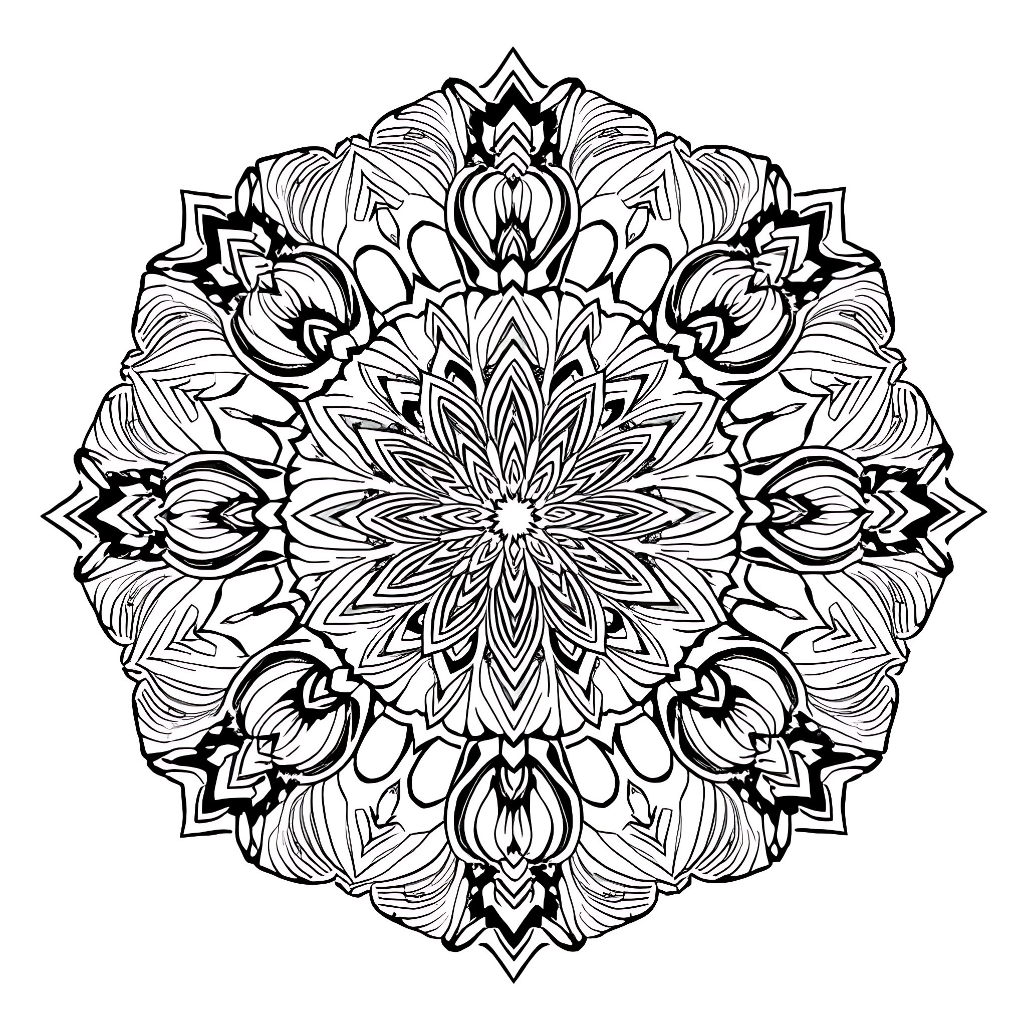 Mandala with intricate floral patterns and symmetry Coloring Page (free black-and-white line drawing printable PDF for all, from beginners to advanced learners, including children, teens, adults, and seniors)