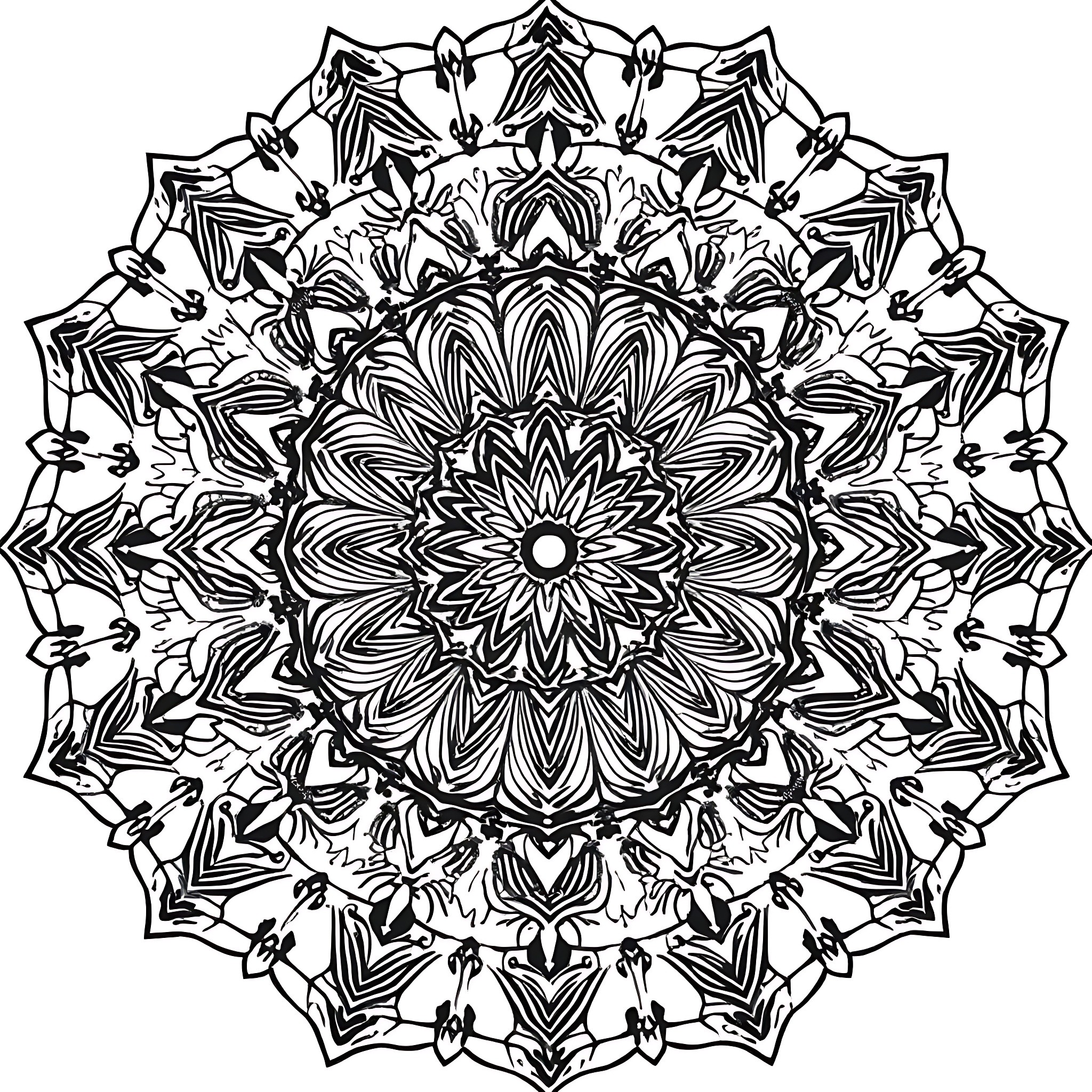 Mandala with intricate floral and geometric patterns Coloring Page (free black-and-white line drawing printable PDF for all, from beginners to advanced learners, including children, teens, adults, and seniors)