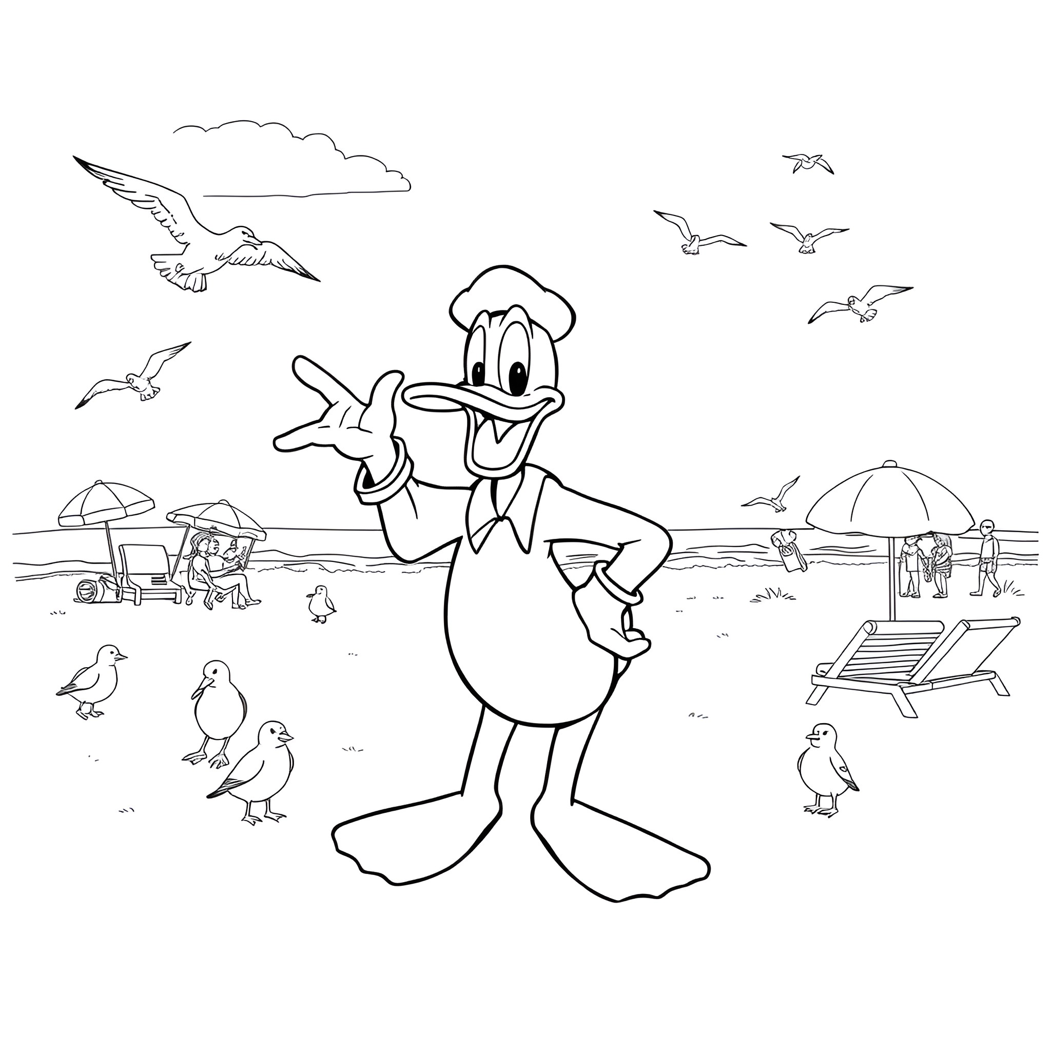 Donald Duck enjoying a day at the beach Coloring Page (free black-and-white line drawing printable PDF for all, from beginners to advanced learners, including children, teens, adults, and seniors)