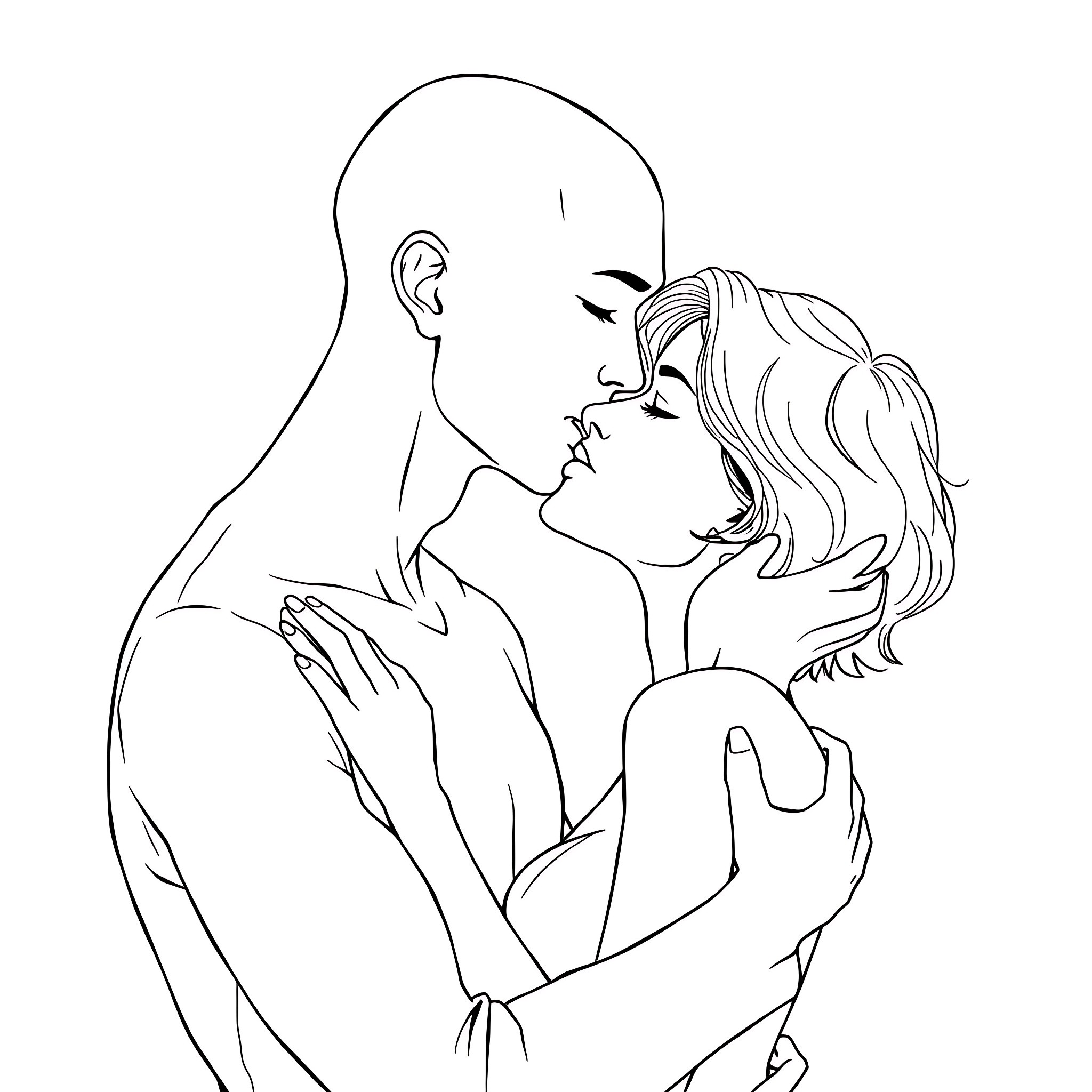 Man and Woman in Intimate Embrace Coloring Page (free black-and-white line drawing printable PDF for all, from beginners to advanced learners, including children, teens, adults, and seniors)