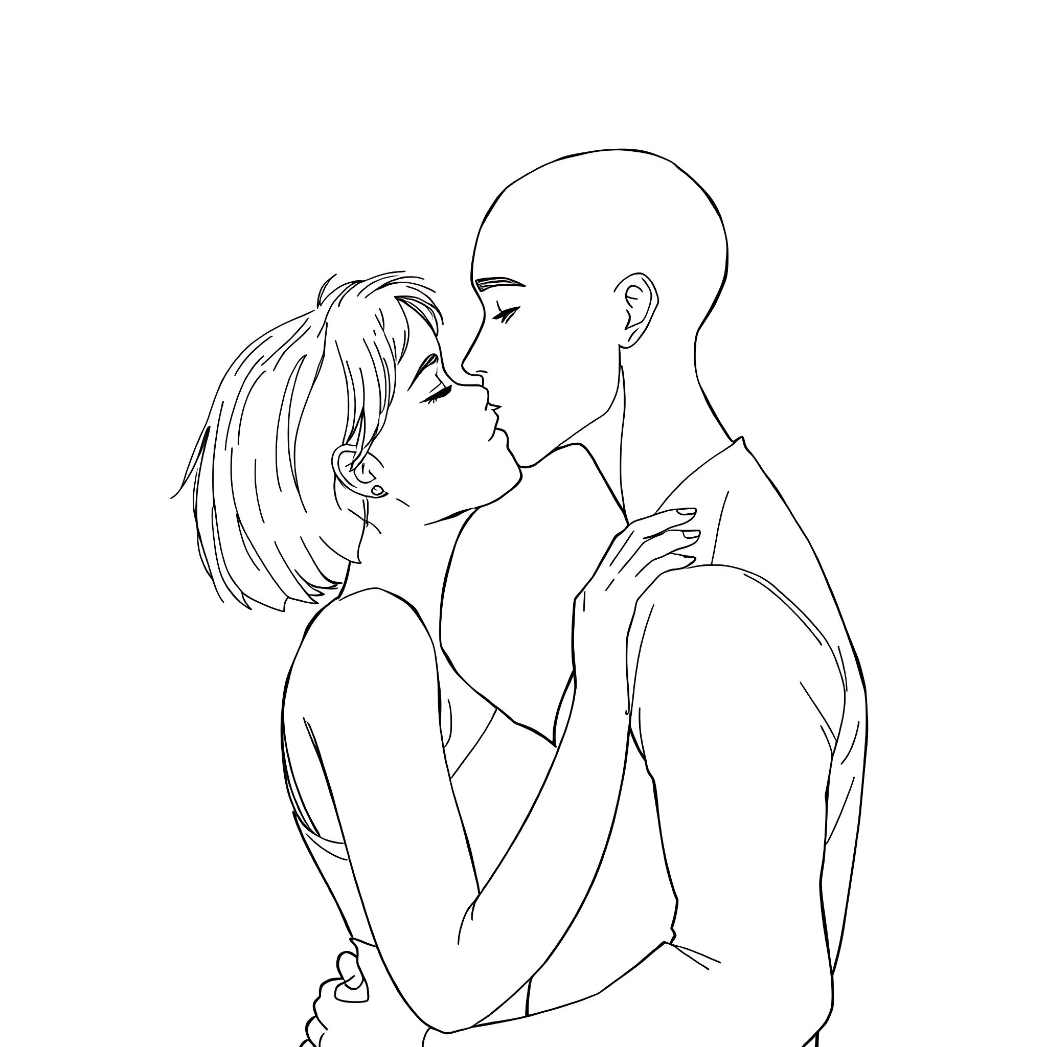 Man and Woman in Intimate Embrace Coloring Page (free black-and-white line drawing printable PDF for all, from beginners to advanced learners, including children, teens, adults, and seniors)