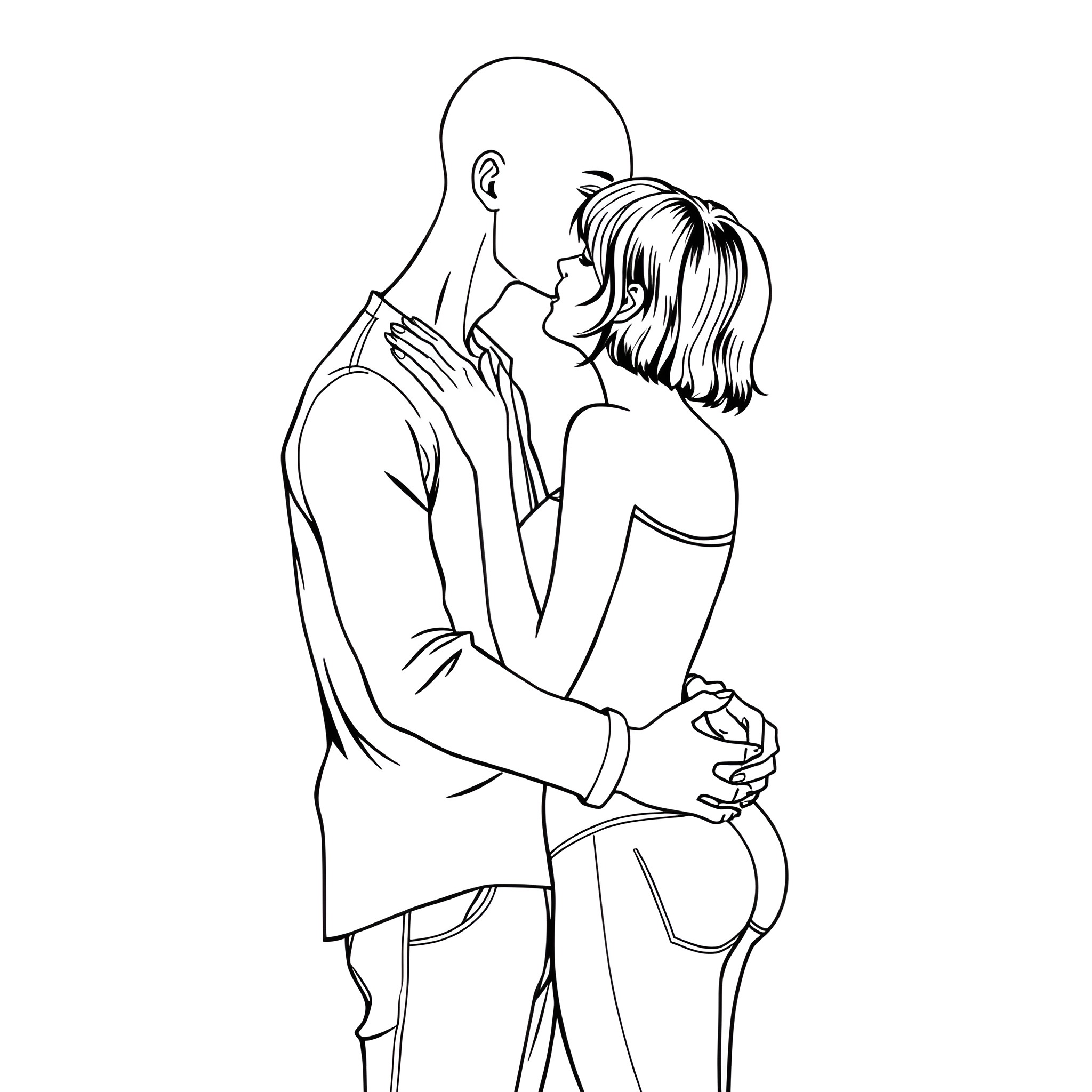 Man and Woman Embracing Intimately Coloring Page (free black-and-white line drawing printable PDF for all, from beginners to advanced learners, including children, teens, adults, and seniors)