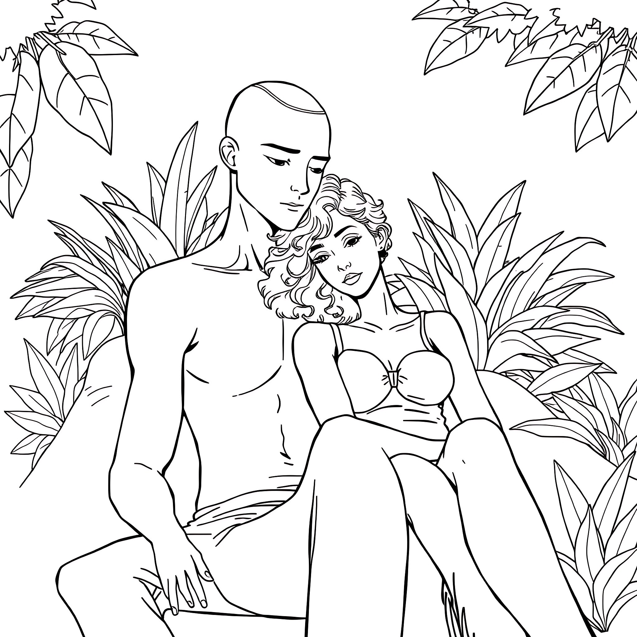 Man and woman embracing in tropical setting Coloring Page (free black-and-white line drawing printable PDF for all, from beginners to advanced learners, including children, teens, adults, and seniors)