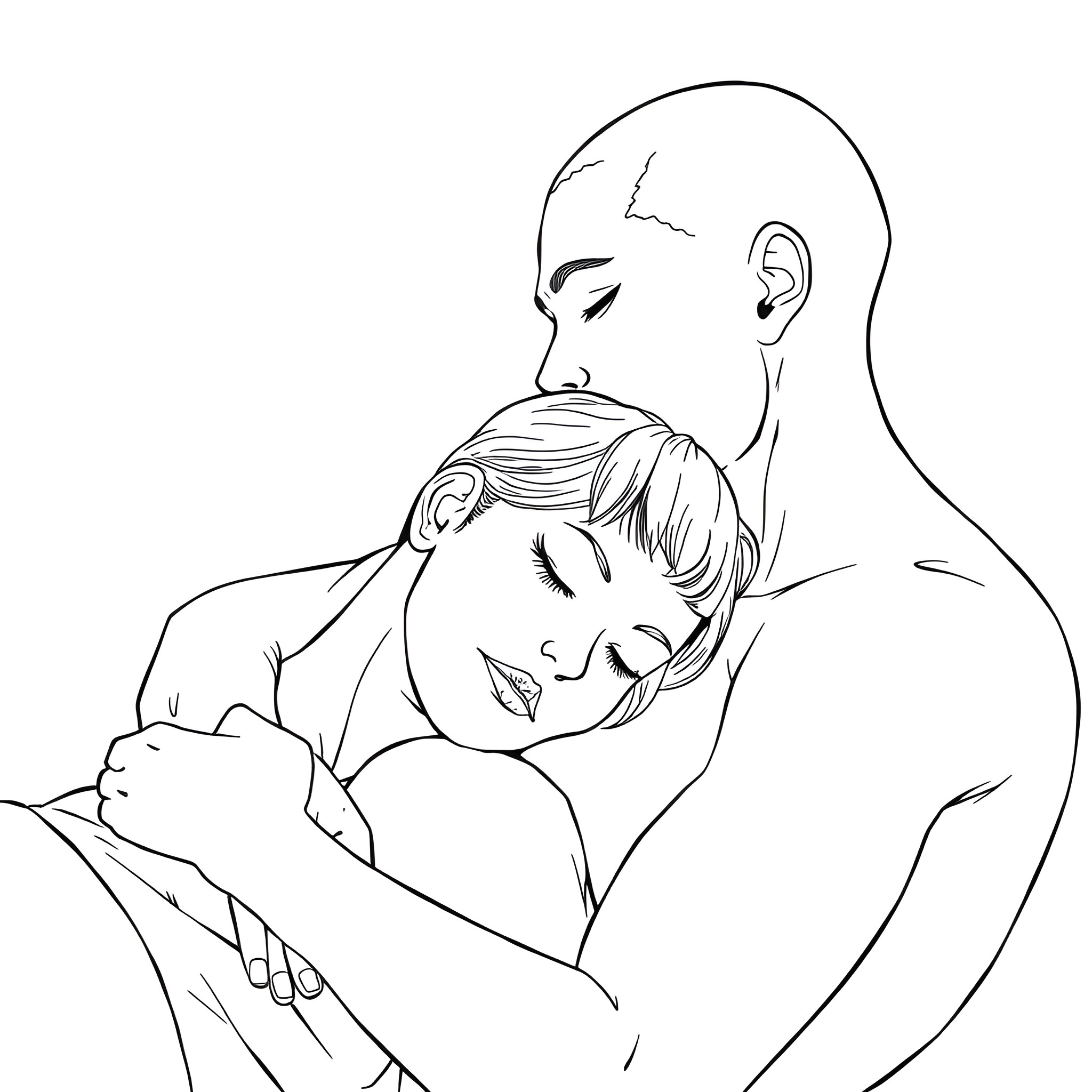 Man tenderly holding sleeping infant in his arms Coloring Page (free black-and-white line drawing printable PDF for all, from beginners to advanced learners, including children, teens, adults, and seniors)