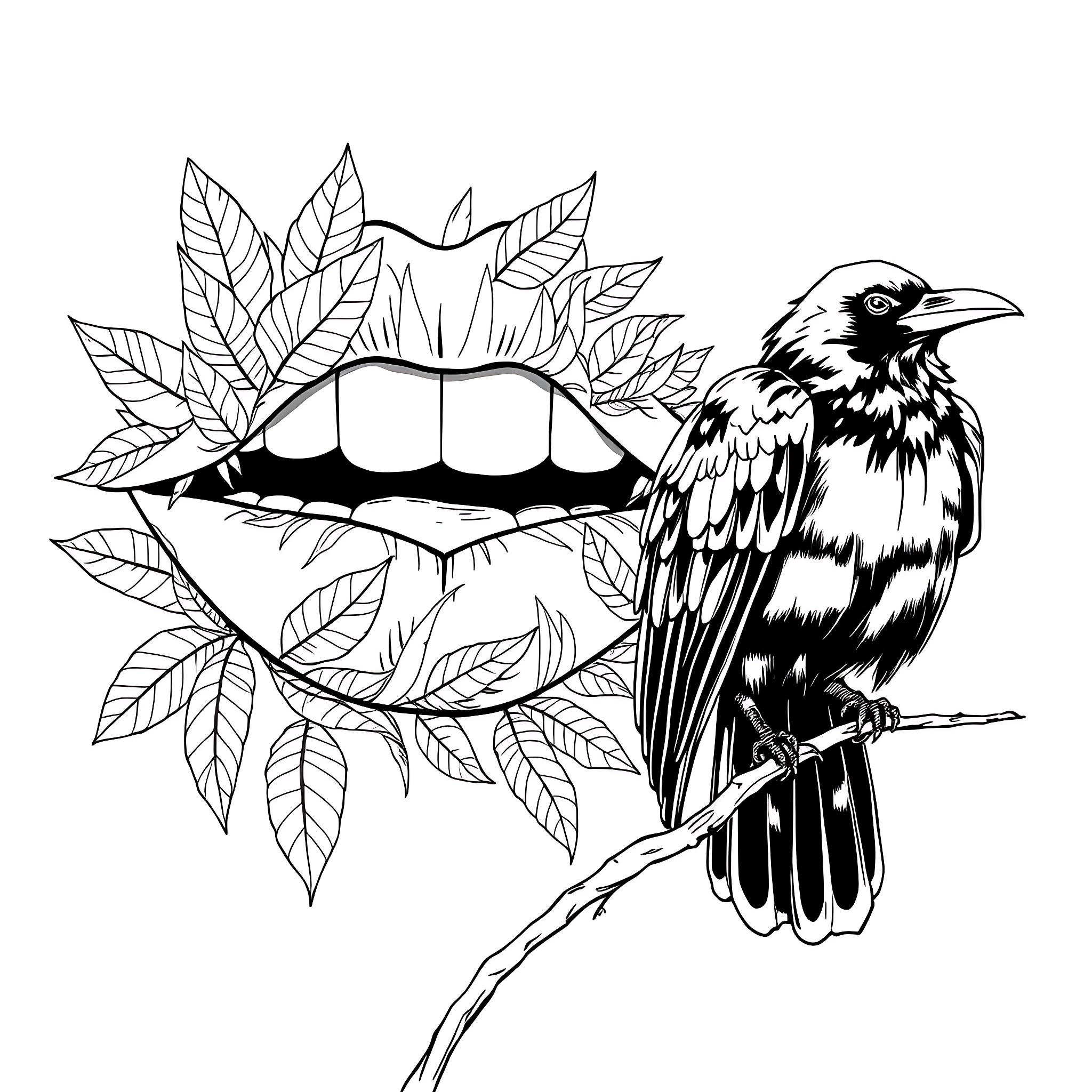 Lip Embracing Raven in Autumn Leaves Coloring Page (free black-and-white line drawing printable PDF for all, from beginners to advanced learners, including children, teens, adults, and seniors)