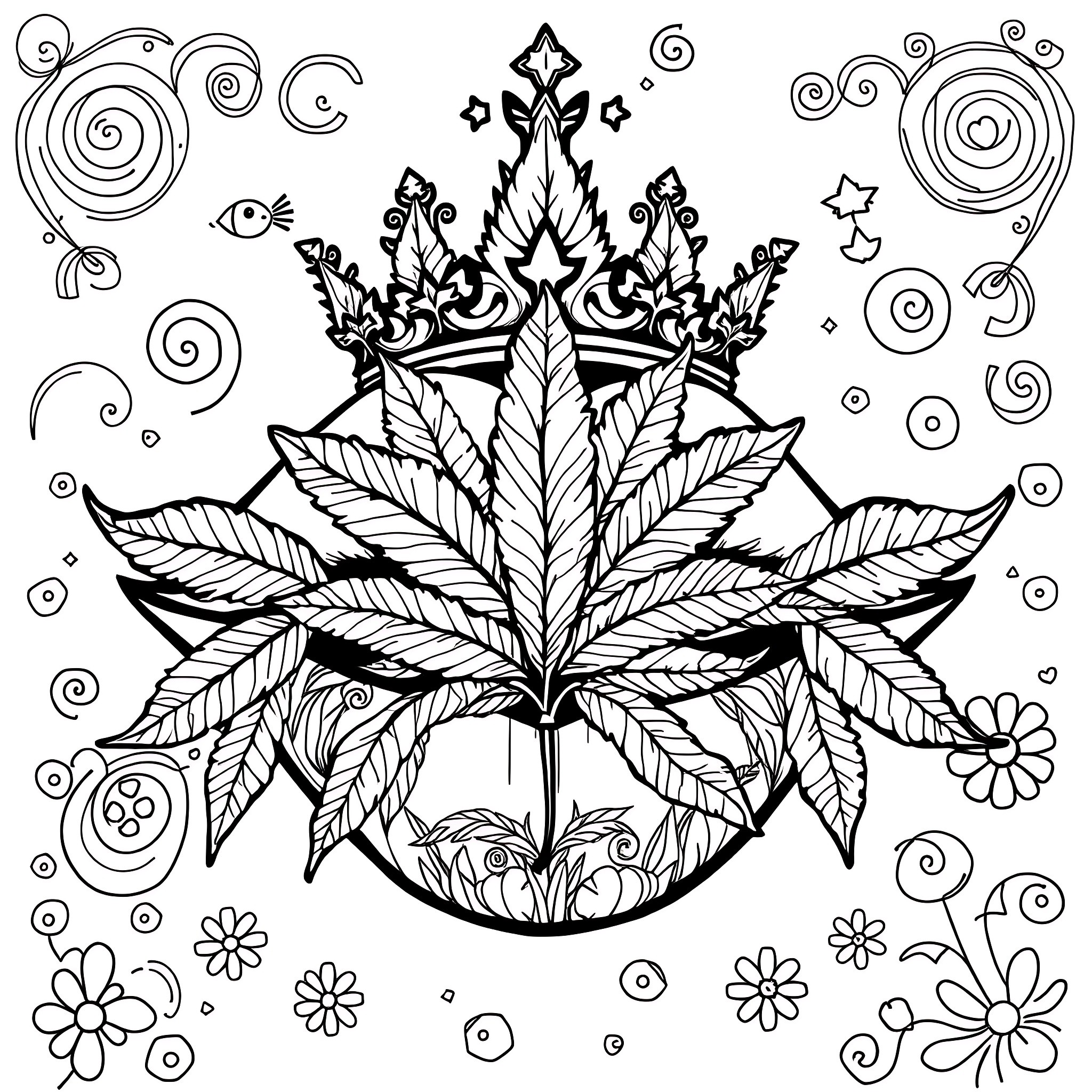 Lips of a cannabis leaf in a decorative frame Coloring Page (free black-and-white line drawing printable PDF for all, from beginners to advanced learners, including children, teens, adults, and seniors)