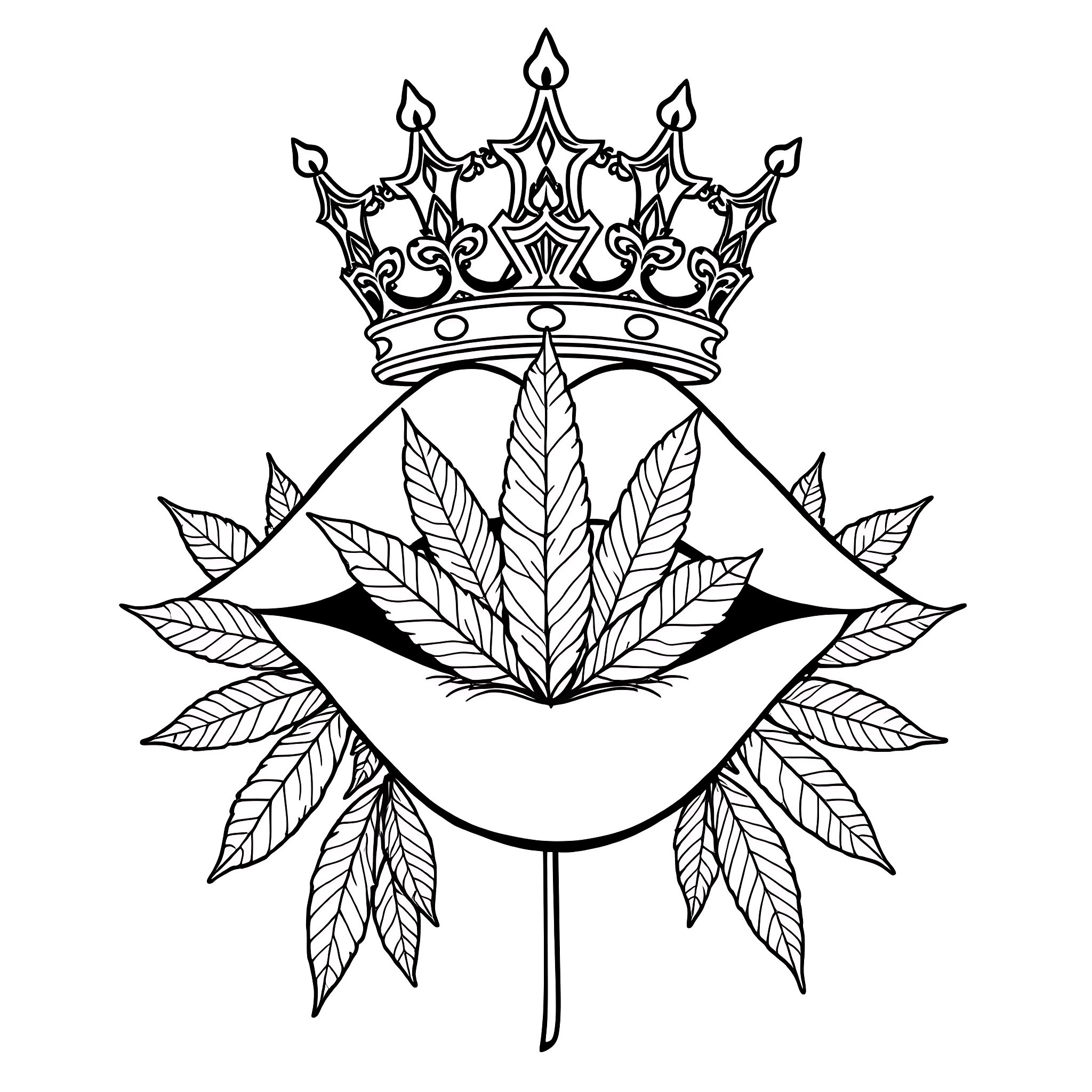 Lips of the Cannabis Queen Coloring Page (free black-and-white line drawing printable PDF for all, from beginners to advanced learners, including children, teens, adults, and seniors)