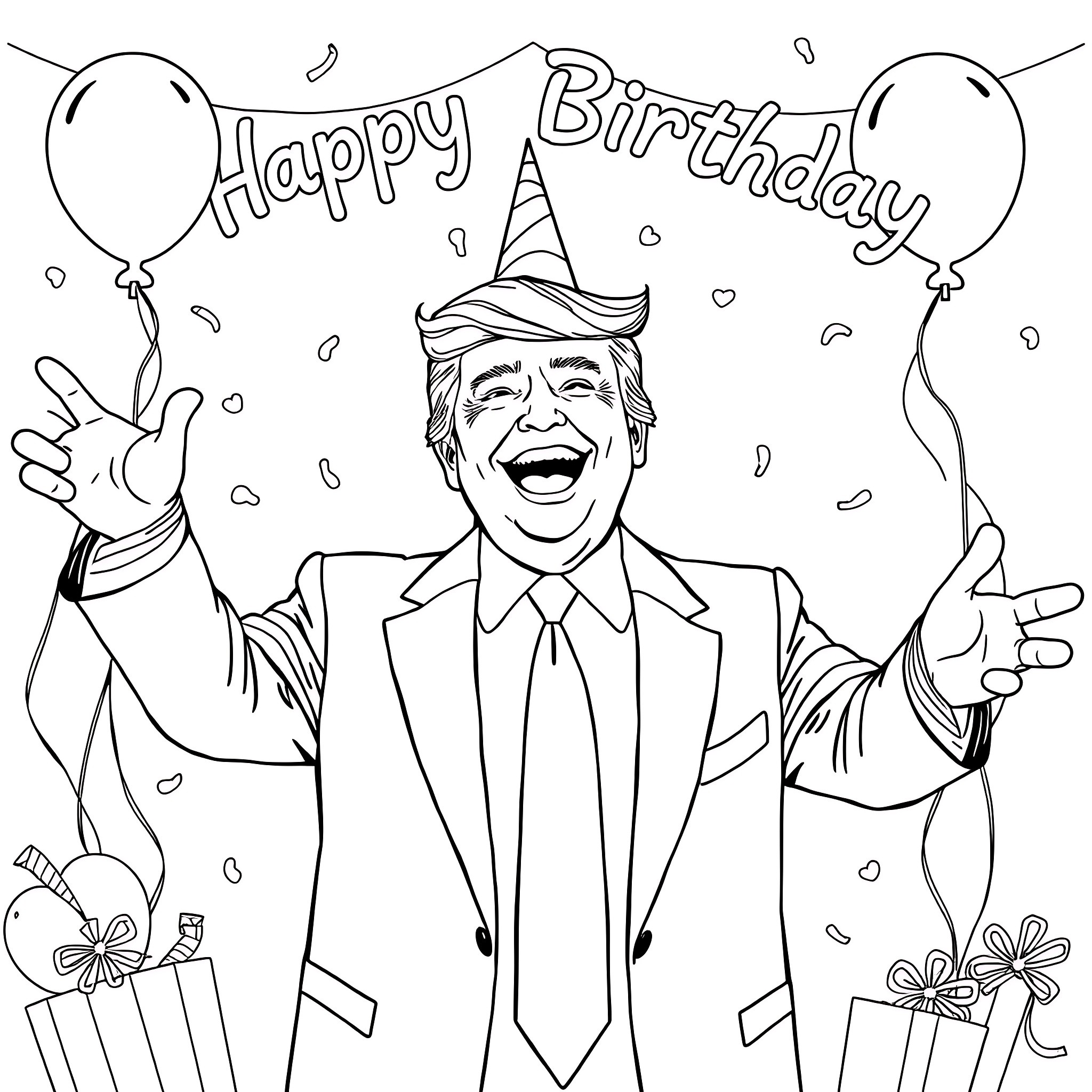 Donald Trump Celebrates His Birthday with Balloons and Gifts Coloring Page (free black-and-white line drawing printable PDF for all, from beginners to advanced learners, including children, teens, adults, and seniors)