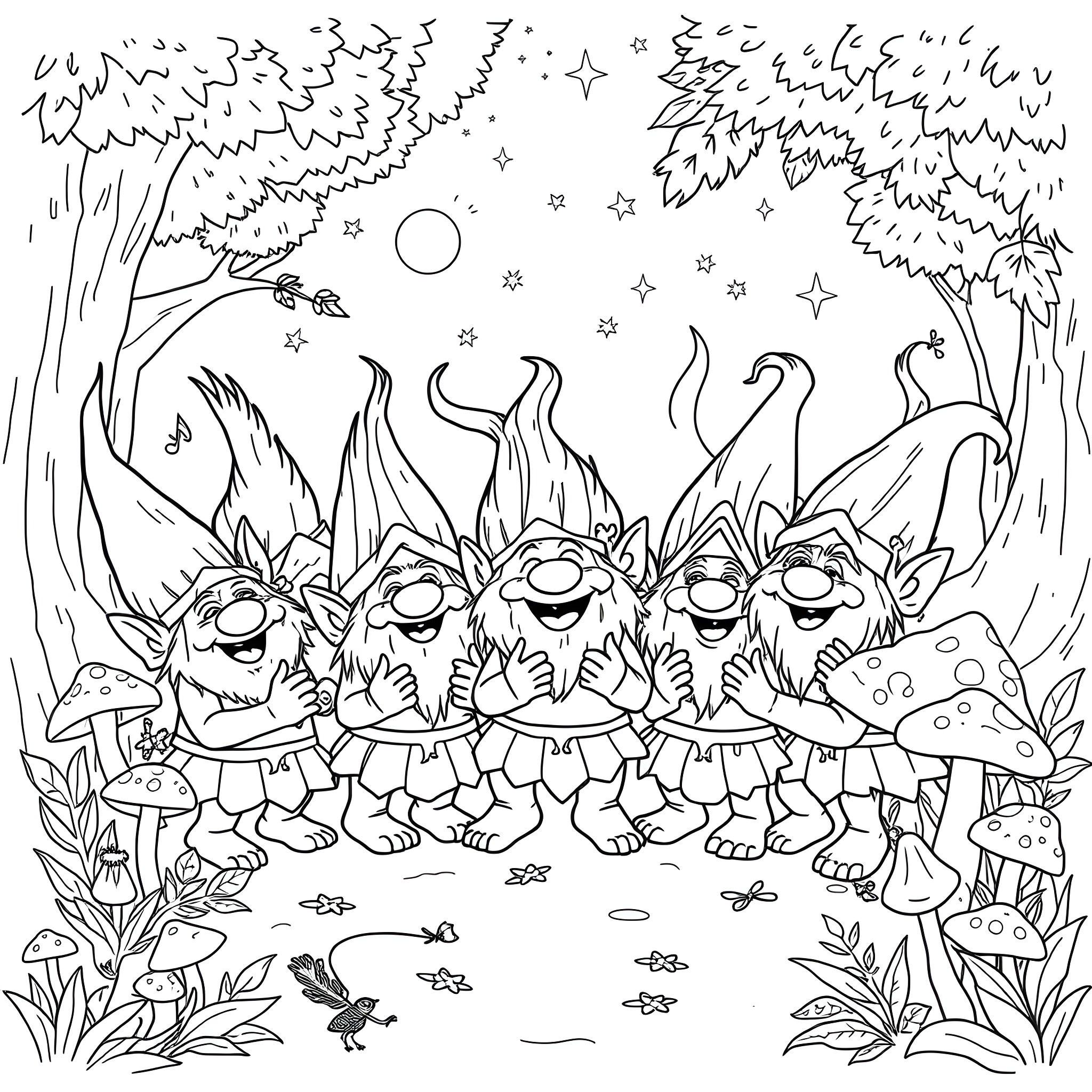 Troll Creatures Frolicking in the Enchanted Forest Coloring Page (free black-and-white line drawing printable PDF for all, from beginners to advanced learners, including children, teens, adults, and seniors)