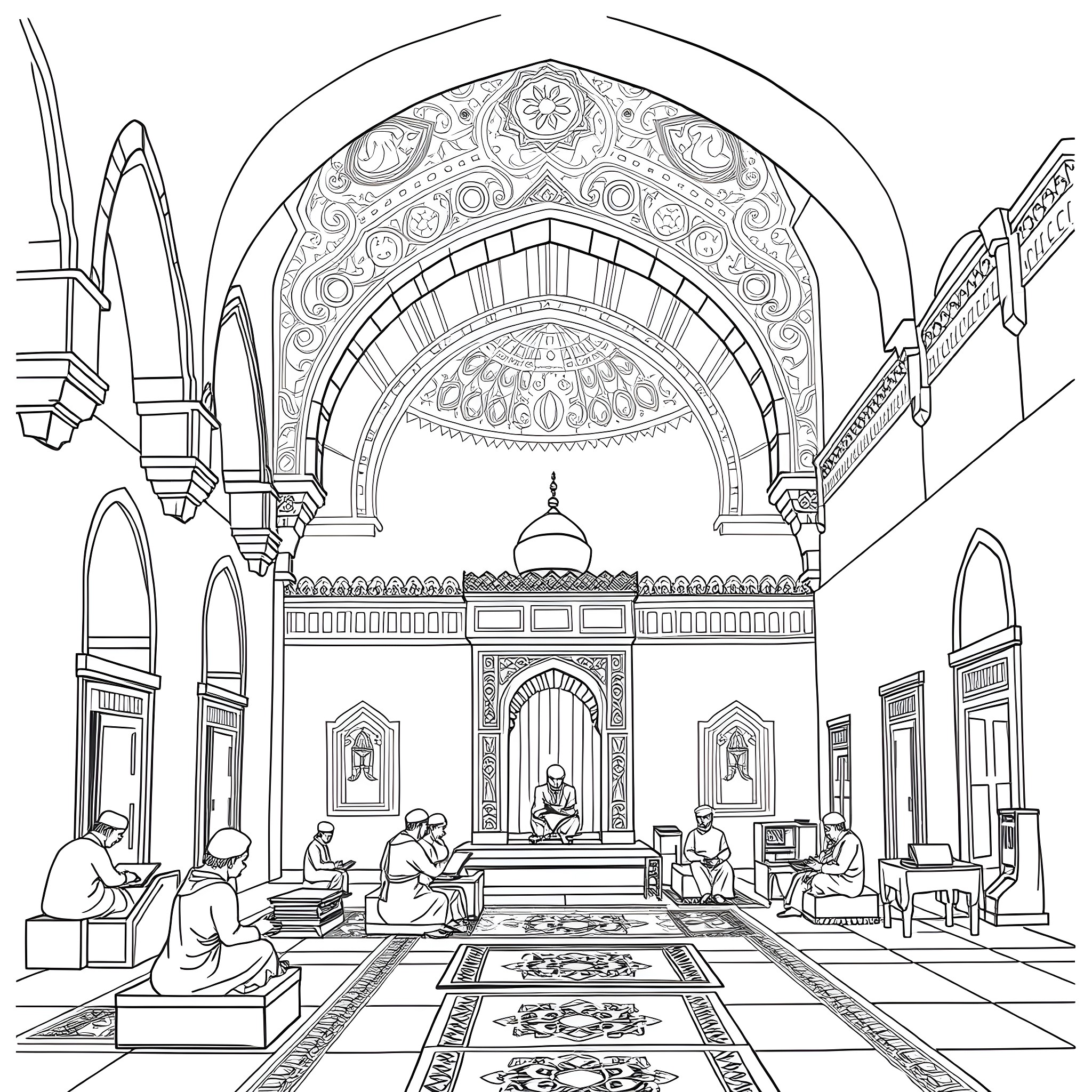 Ancient Life in a Majestic Islamic Palace Coloring Page (free black-and-white line drawing printable PDF for all, from beginners to advanced learners, including children, teens, adults, and seniors)