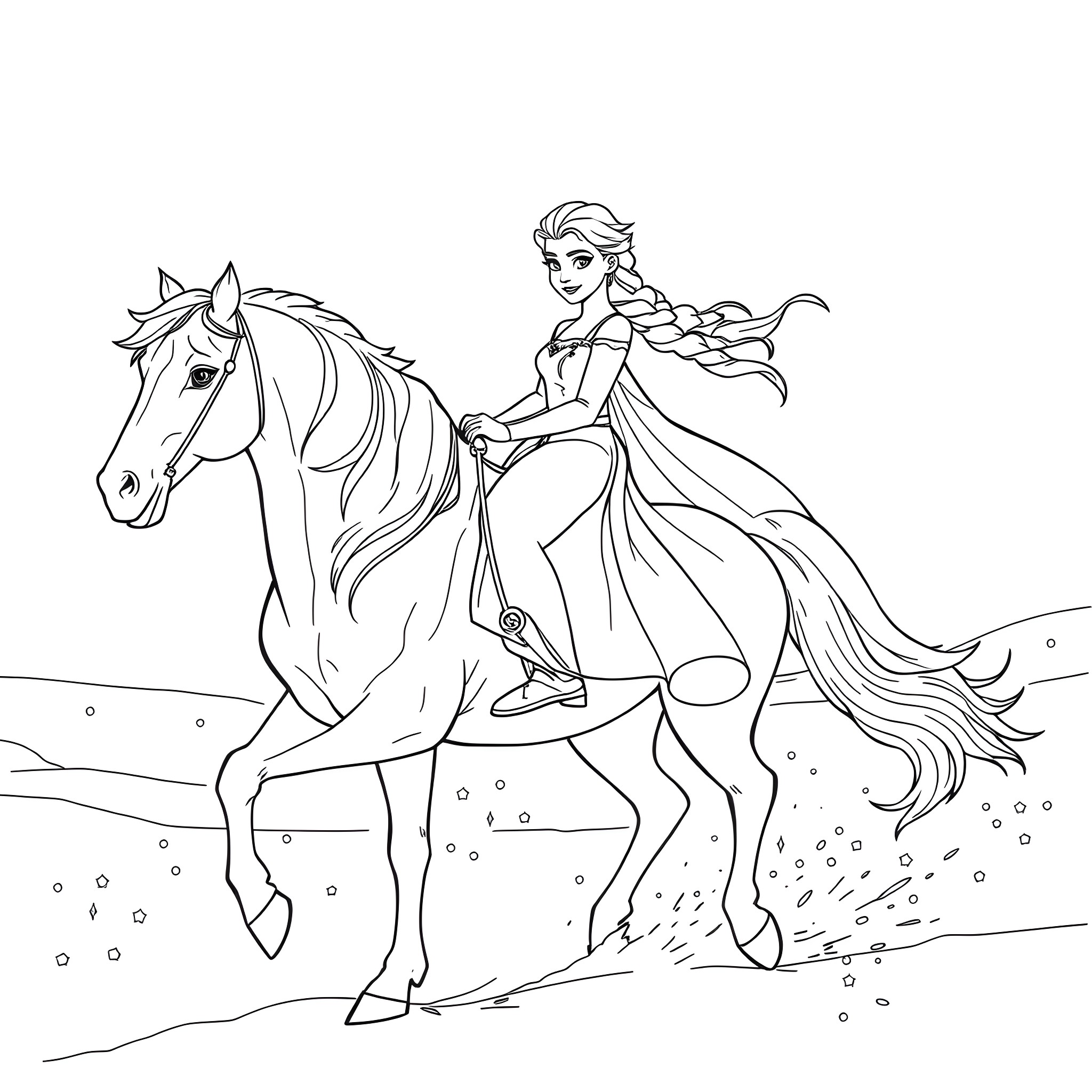 Elsa riding a majestic horse in the countryside Coloring Page (free black-and-white line drawing printable PDF for all, from beginners to advanced learners, including children, teens, adults, and seniors)