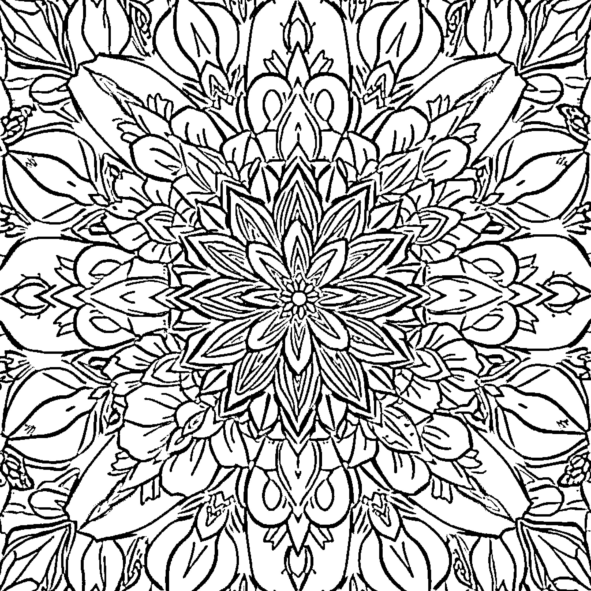 Mandalas of intricate floral patterns and symmetry Coloring Page (free black-and-white line drawing printable PDF for all, from beginners to advanced learners, including children, teens, adults, and seniors)