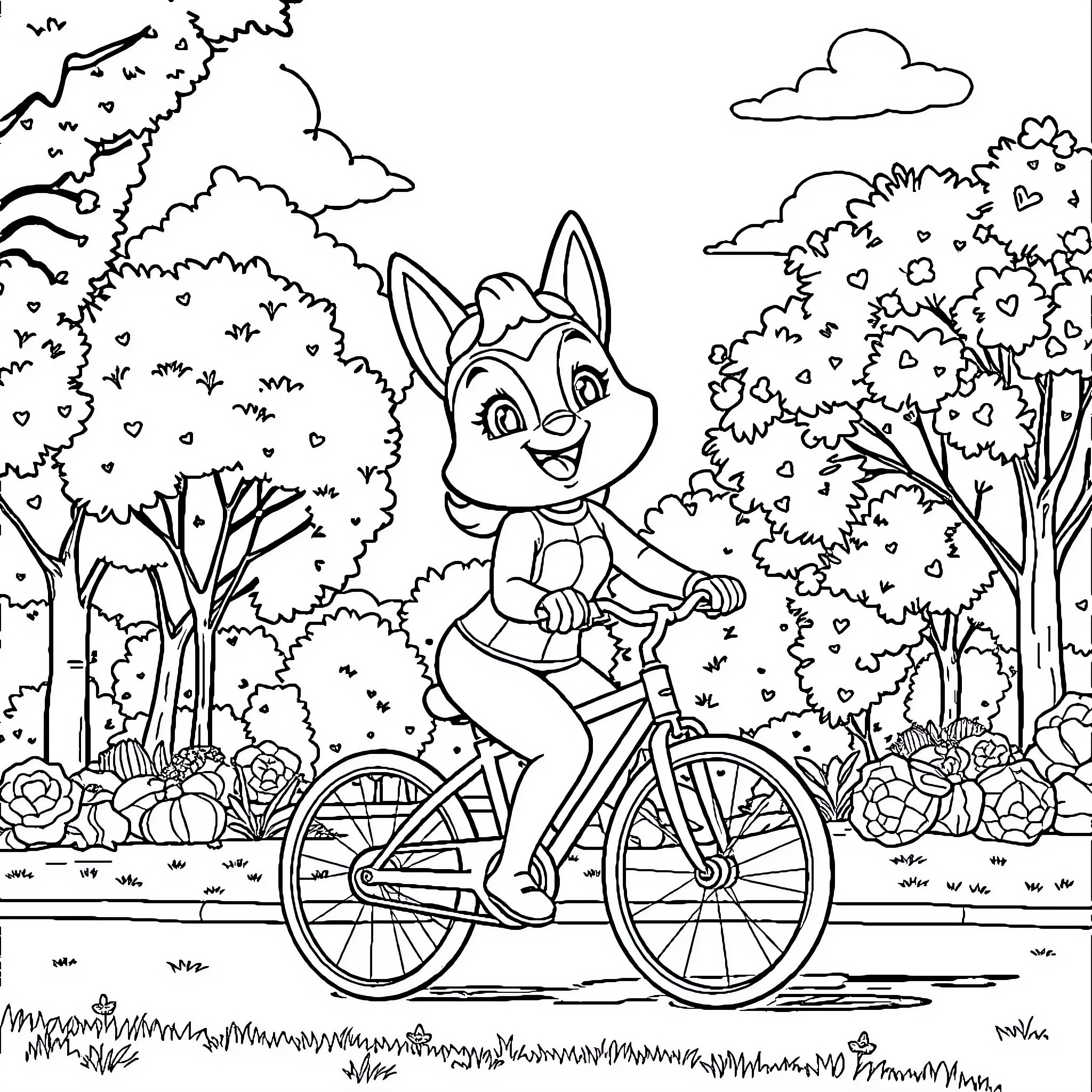 Stella's Bicycle Adventure in the Enchanted Forest Coloring Page (free black-and-white line drawing printable PDF for all, from beginners to advanced learners, including children, teens, adults, and seniors)