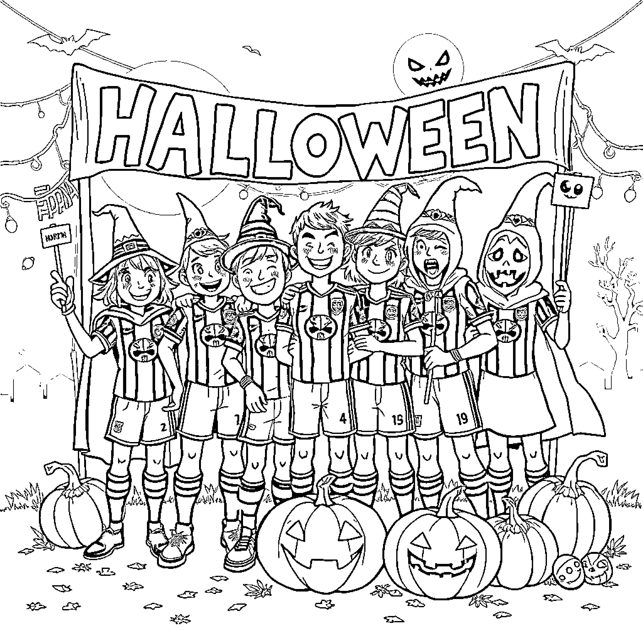 Osasuna's Halloween Festivities Coloring Page (free black-and-white line drawing printable PDF for all, from beginners to advanced learners, including children, teens, adults, and seniors)