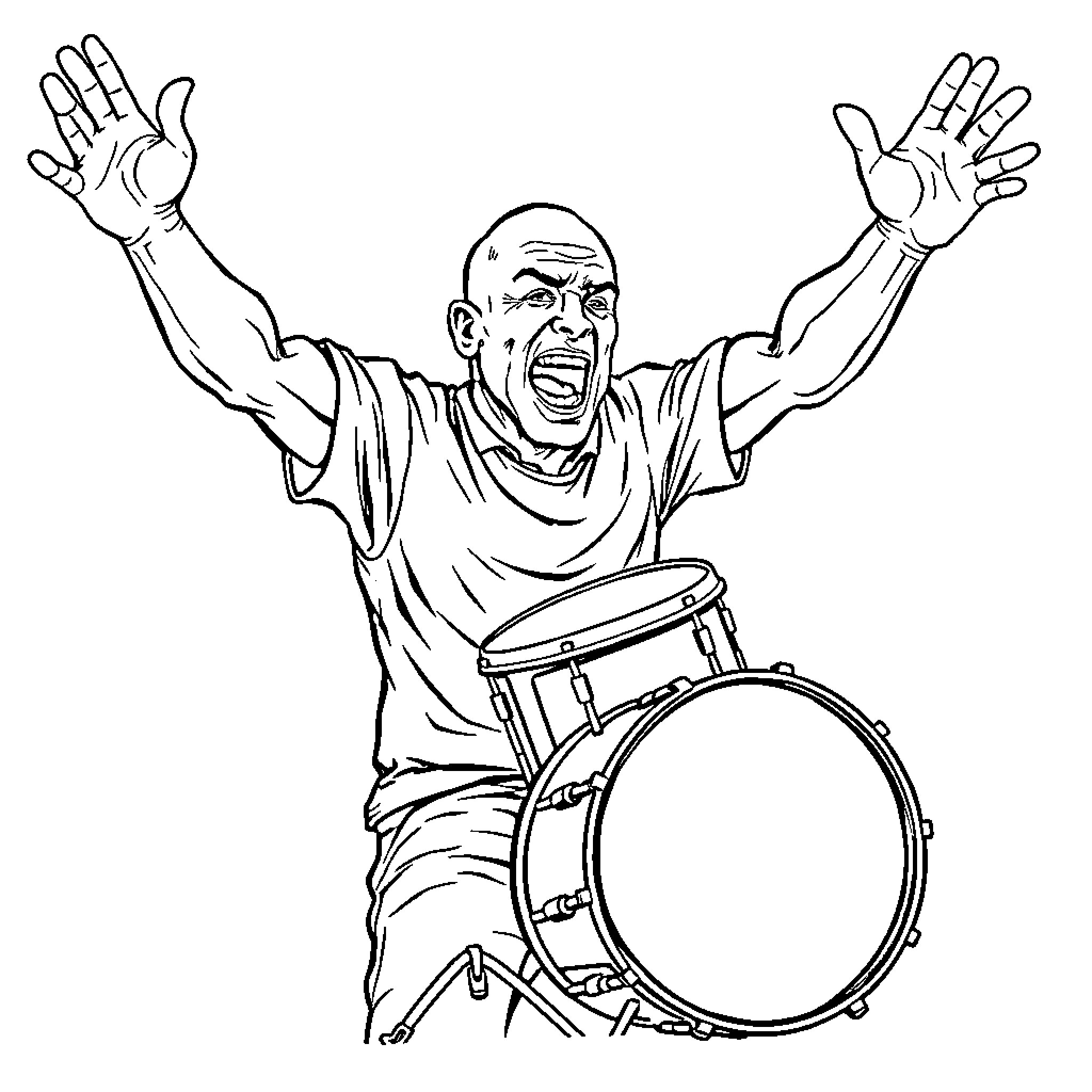 Drummer performing with energy and expression Coloring Page (free black-and-white line drawing printable PDF for all, from beginners to advanced learners, including children, teens, adults, and seniors)