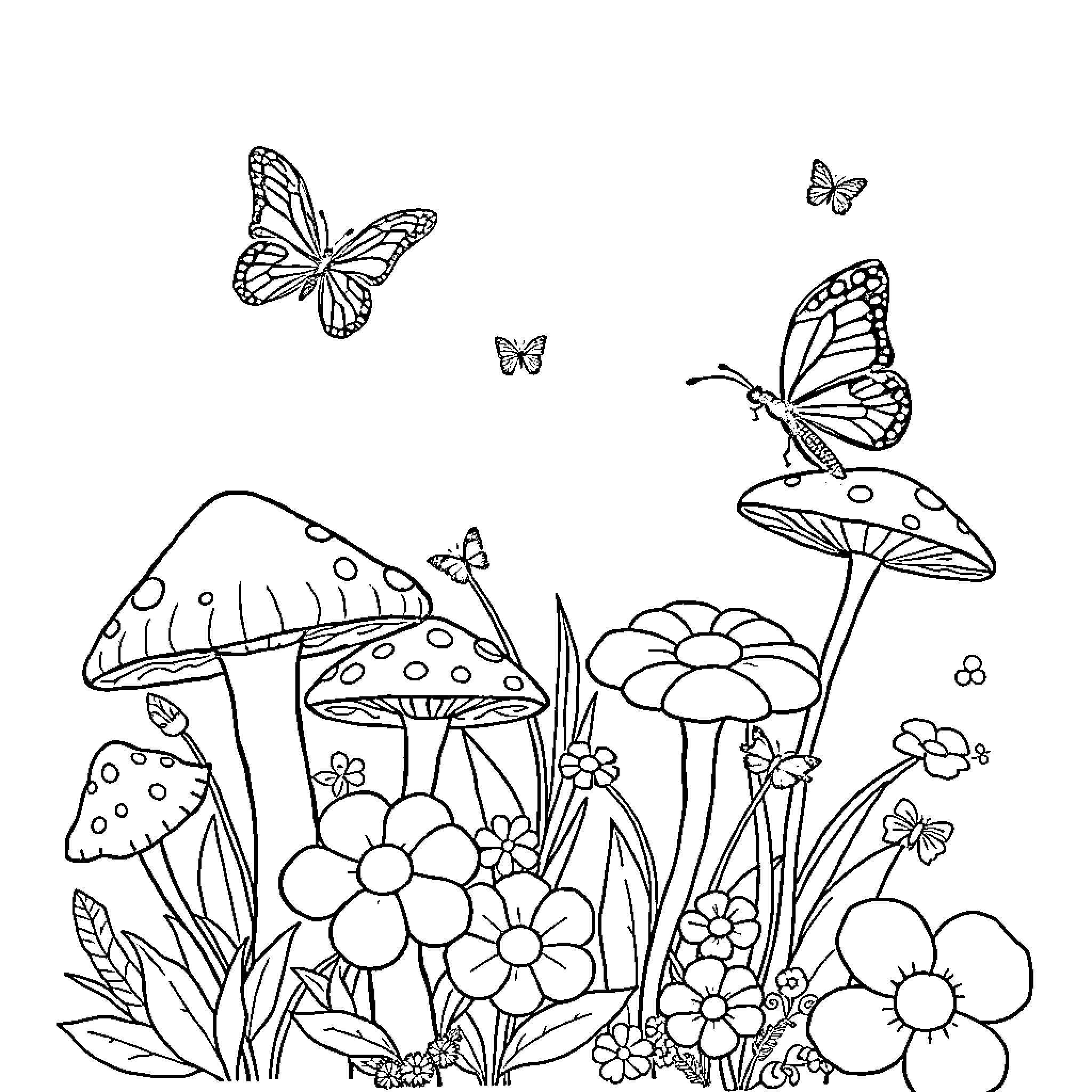 Mushroom garden with butterflies and flowers Coloring Page (free black-and-white line drawing printable PDF for all, from beginners to advanced learners, including children, teens, adults, and seniors)